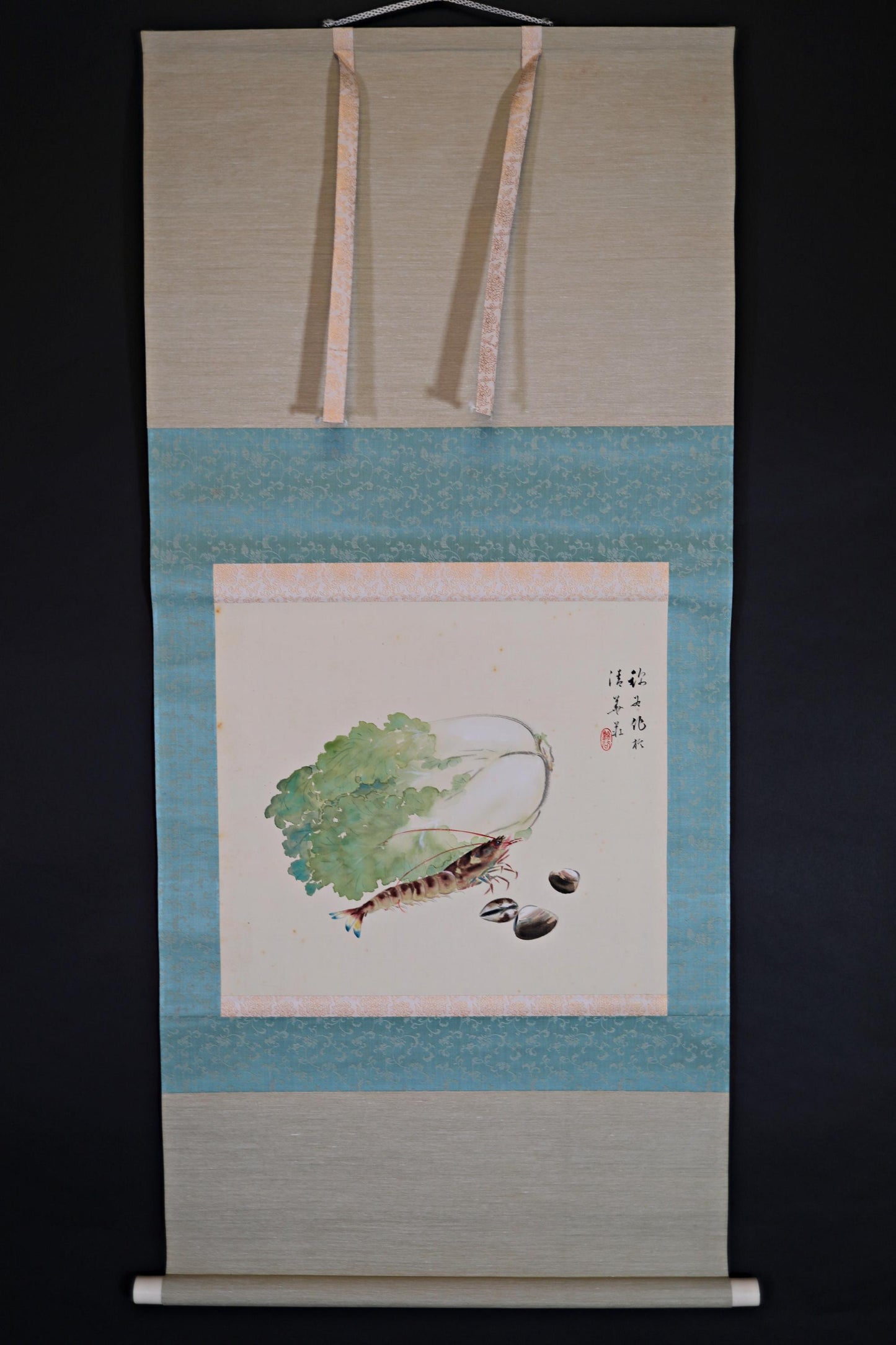 Japanese old watercolor painting scroll, seafood and vegetable ,early 19th hanging scroll Kakejiku with sign and BOX wall art H47.6in/121cm