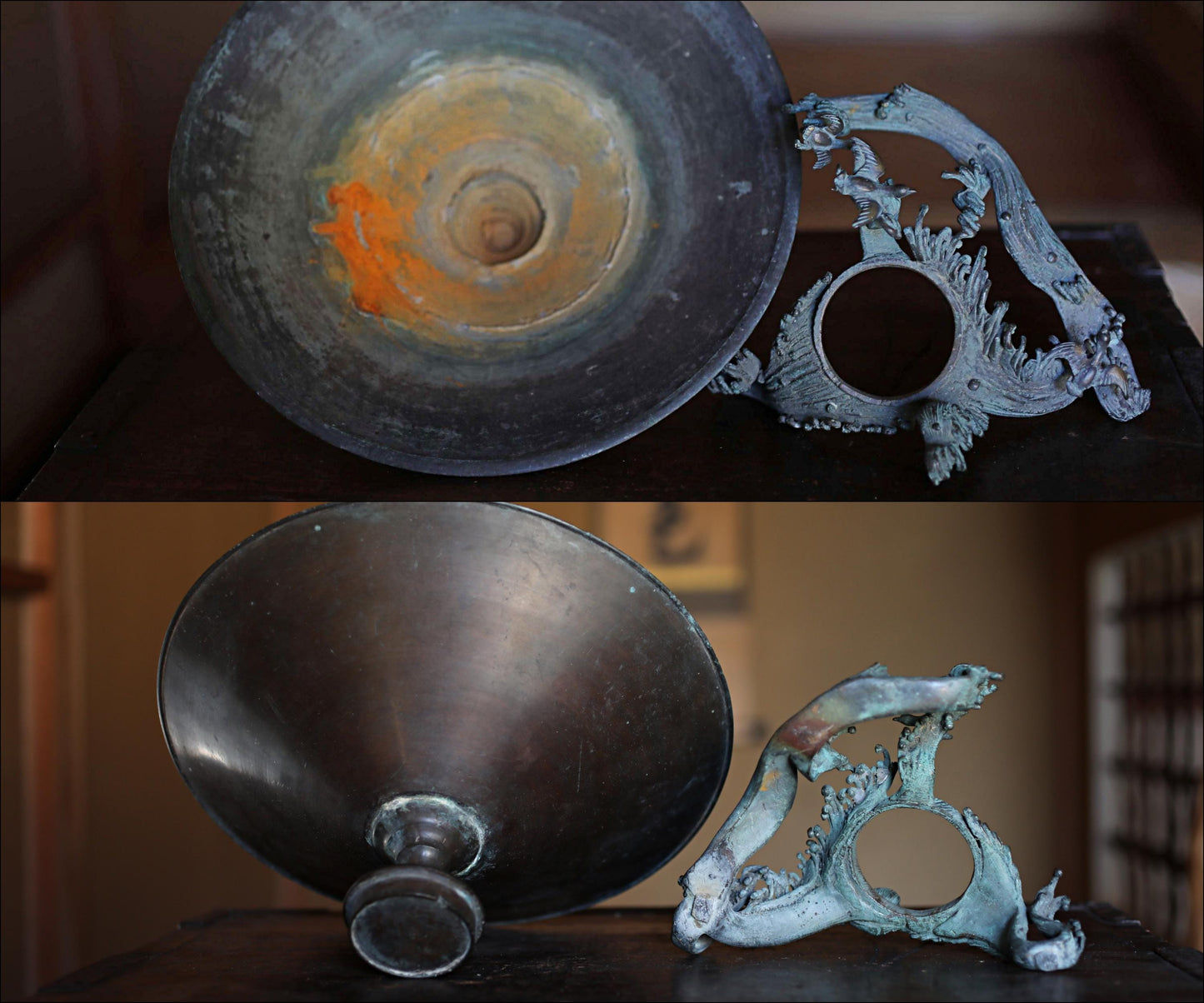 FINE! Japanese antique bronze flower vase with birds & wave shaped legs, Japanese furniture temple style 1800s wooden box W10.4in/W26.5cm