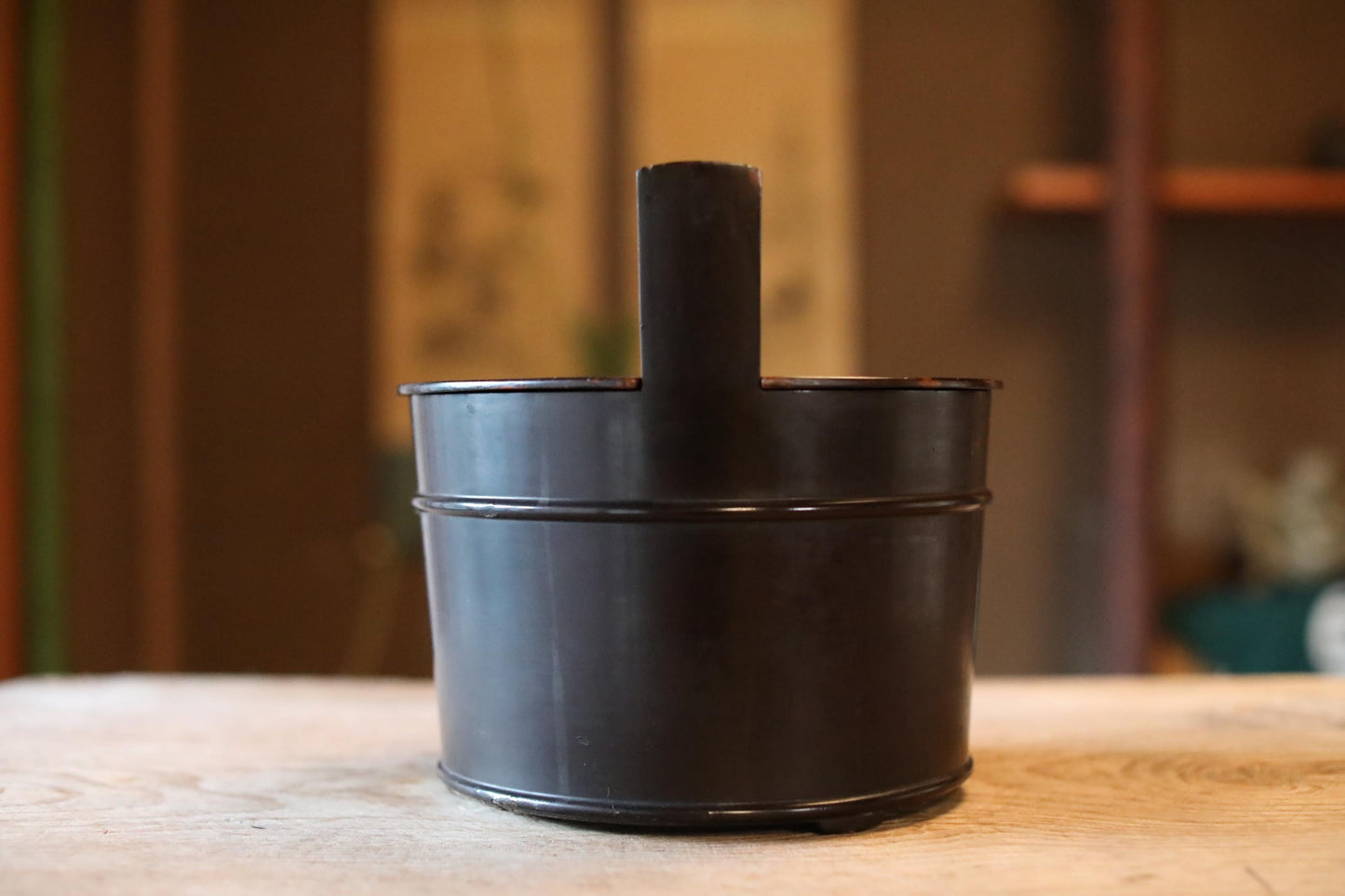 Japanese antique wood bucket with a handle and a double lid lacquered in black called OKE lunch box EDO craft H10×9.8in/H25.5×9.8cm