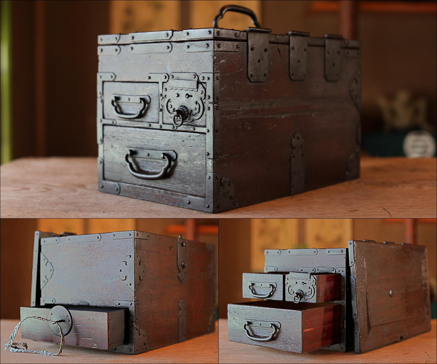 FINE! Japanese furniture Antique Box Chest of Drawers Tansu with key INKSTONE case Suzuribako SAMURAI Crest metal 1870s W14.4in/W36.5cm