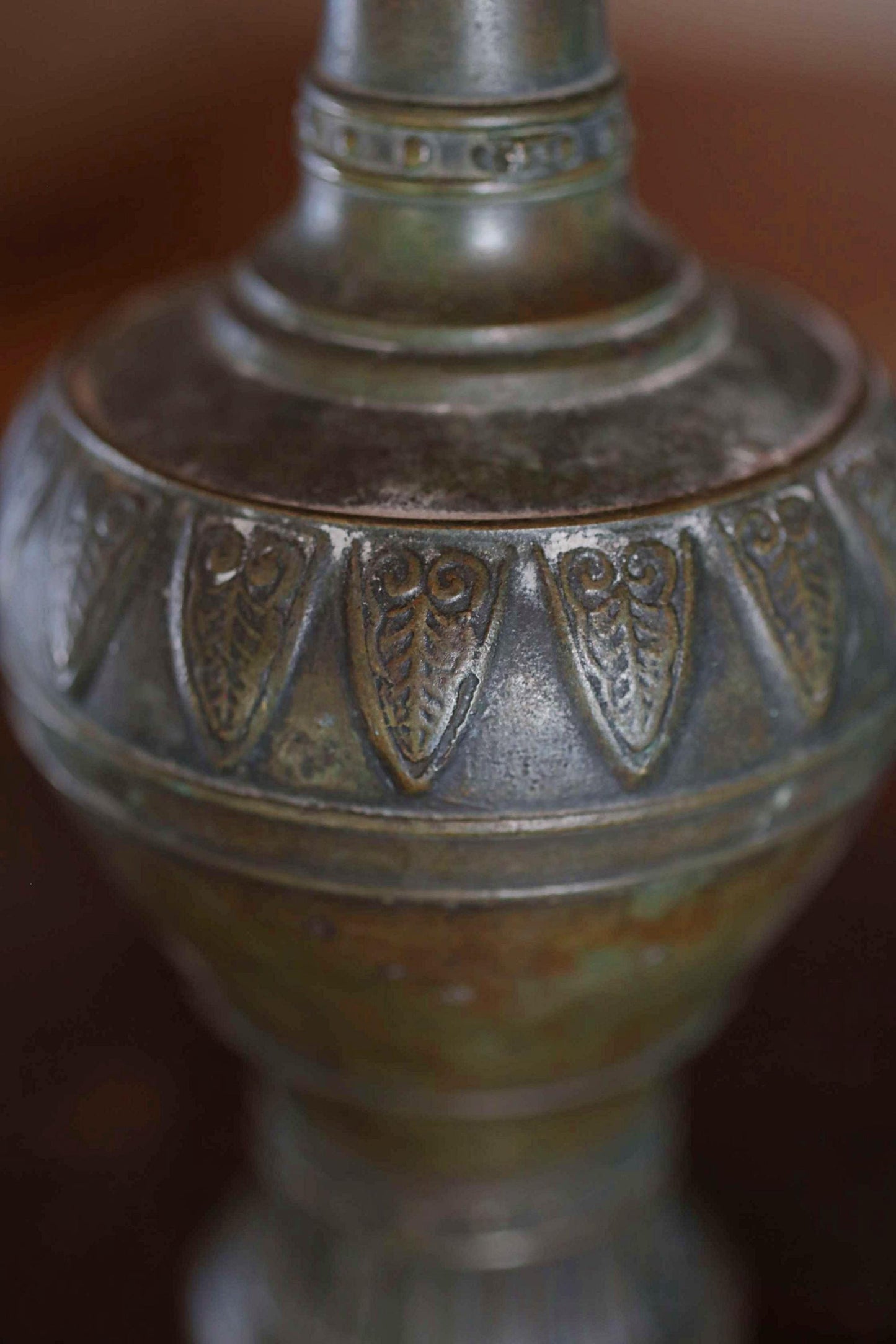 FINE! Japanese vintage 1960s Bronze flower vase for tea ceremony brown marble with beautiful birds ears with 宗喜 sign H9.4×3.9in/H24×10cm
