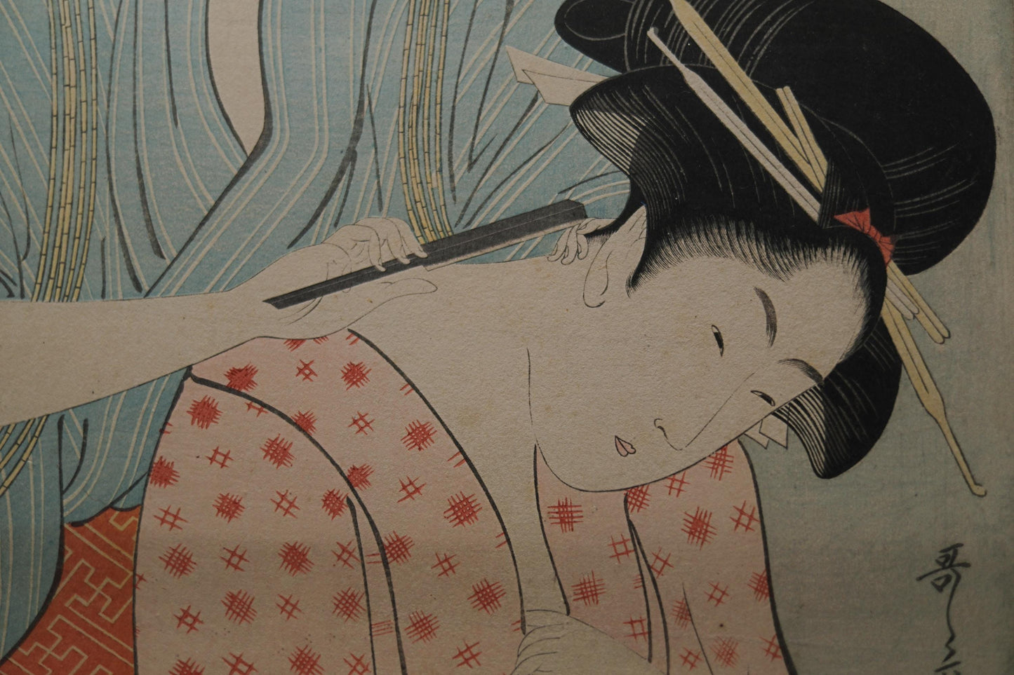 Japanese antique art of Ukiyoe with signature 歌麿Utamaro, Kimono geisha block printing with wooden flame, wall deco picture H24.8in/H63cm