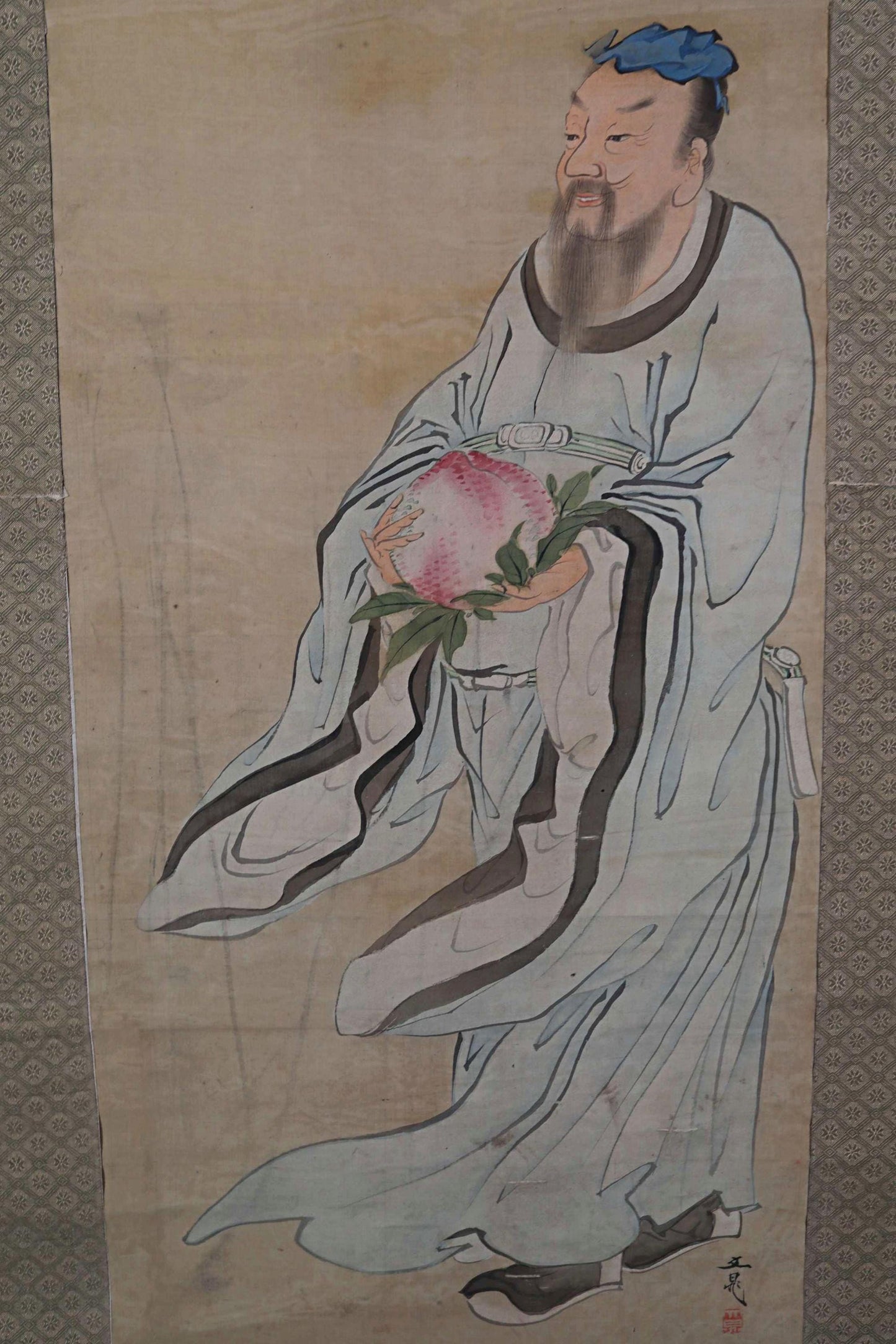 Japanese antique 1800s 文晁 ink painting scroll hermit Zen painting, ink and wash old hanging scroll Kakejiku Kanji signature H66.9in/H170cm