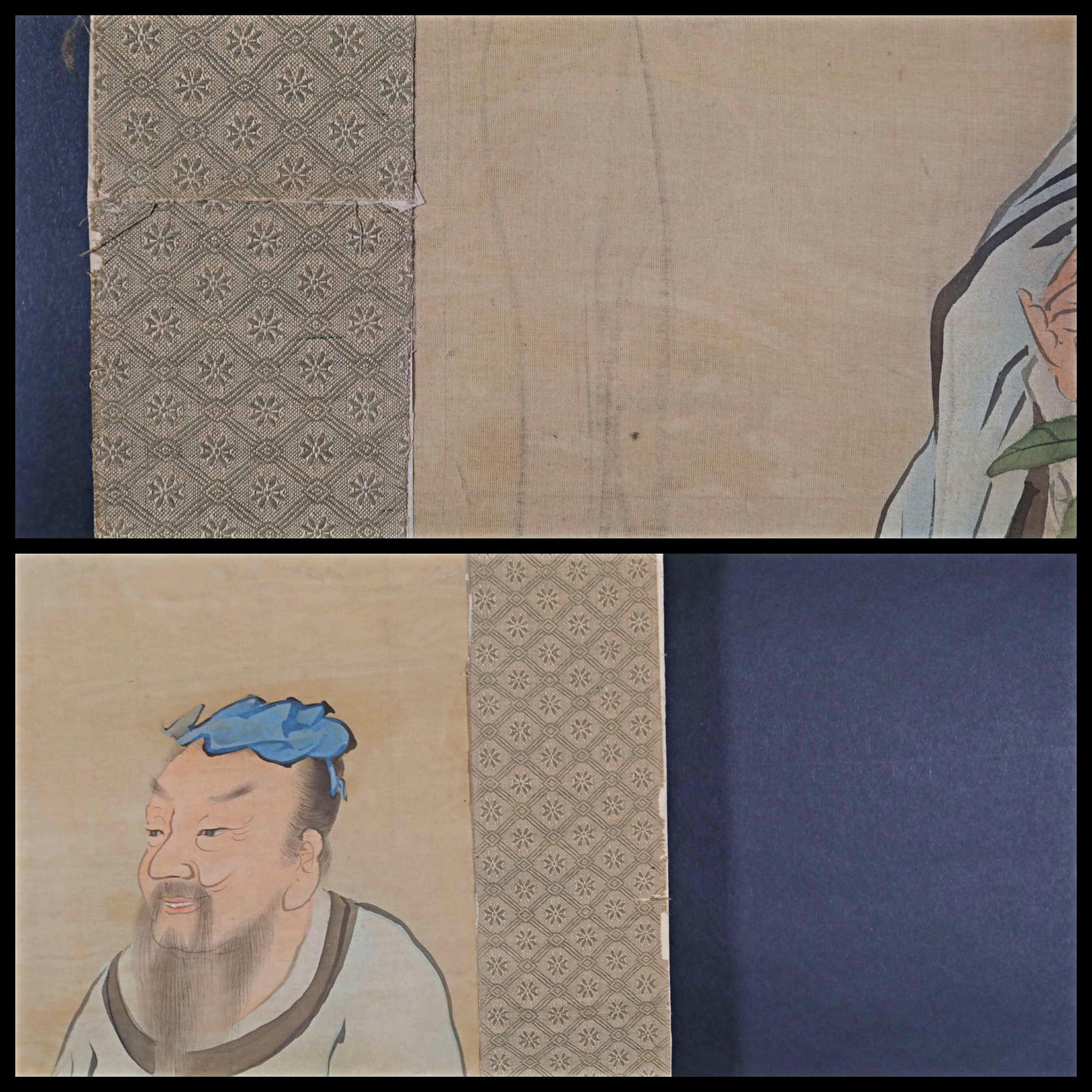 Japanese antique 1800s 文晁 ink painting scroll hermit Zen painting, ink and wash old hanging scroll Kakejiku Kanji signature H66.9in/H170cm