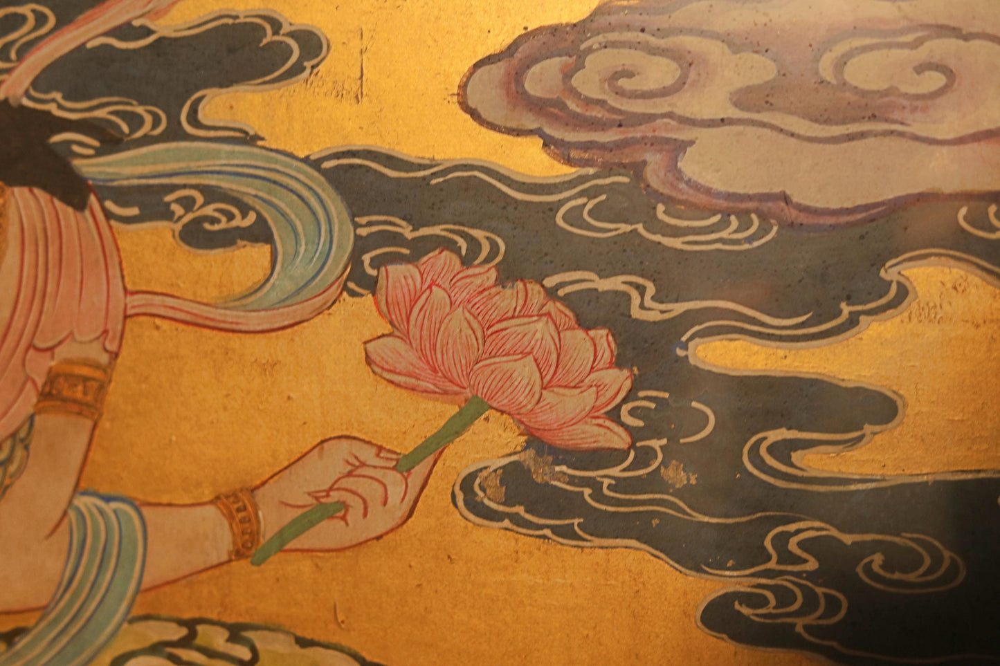 FINE! Japanese painting of heavenly maiden large wall deco hand painting buddhist temple gold colorful with wooden frame 53.5×18.5in