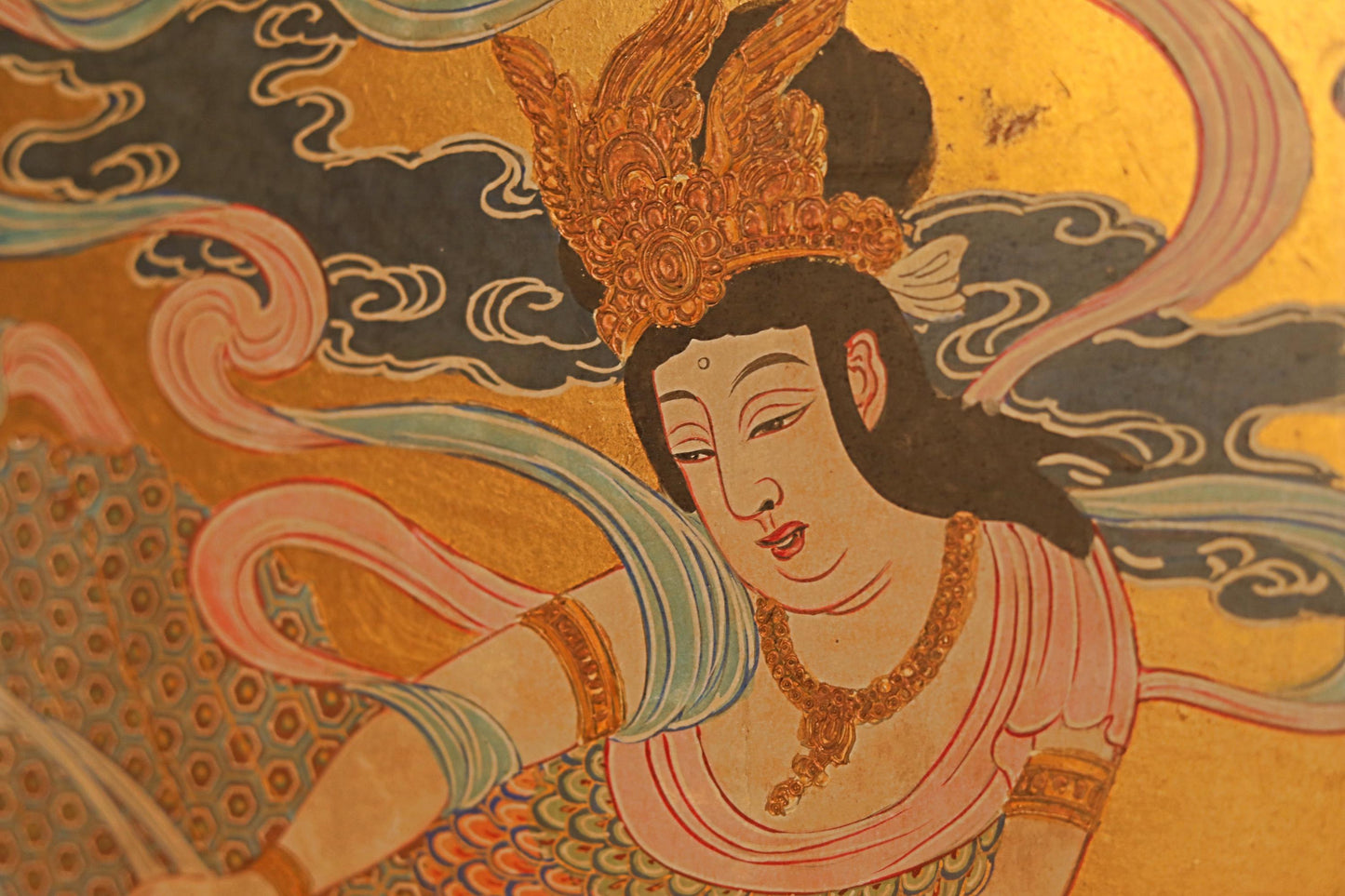 FINE! Japanese painting of heavenly maiden large wall deco hand painting buddhist temple gold colorful with wooden frame 53.5×18.5in