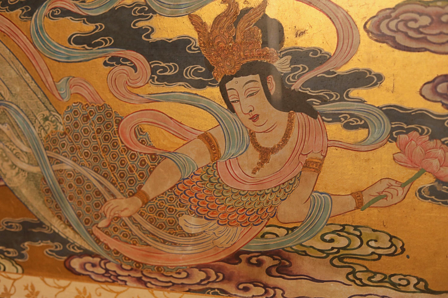 FINE! Japanese painting of heavenly maiden large wall deco hand painting buddhist temple gold colorful with wooden frame 53.5×18.5in
