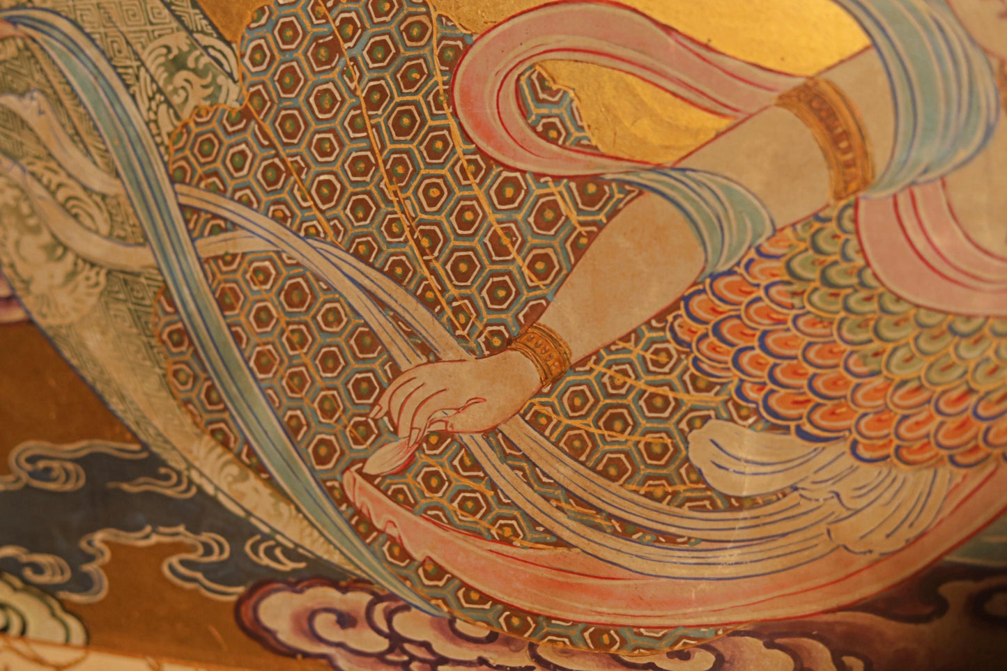 FINE! Japanese painting of heavenly maiden large wall deco hand painting buddhist temple gold colorful with wooden frame 53.5×18.5in