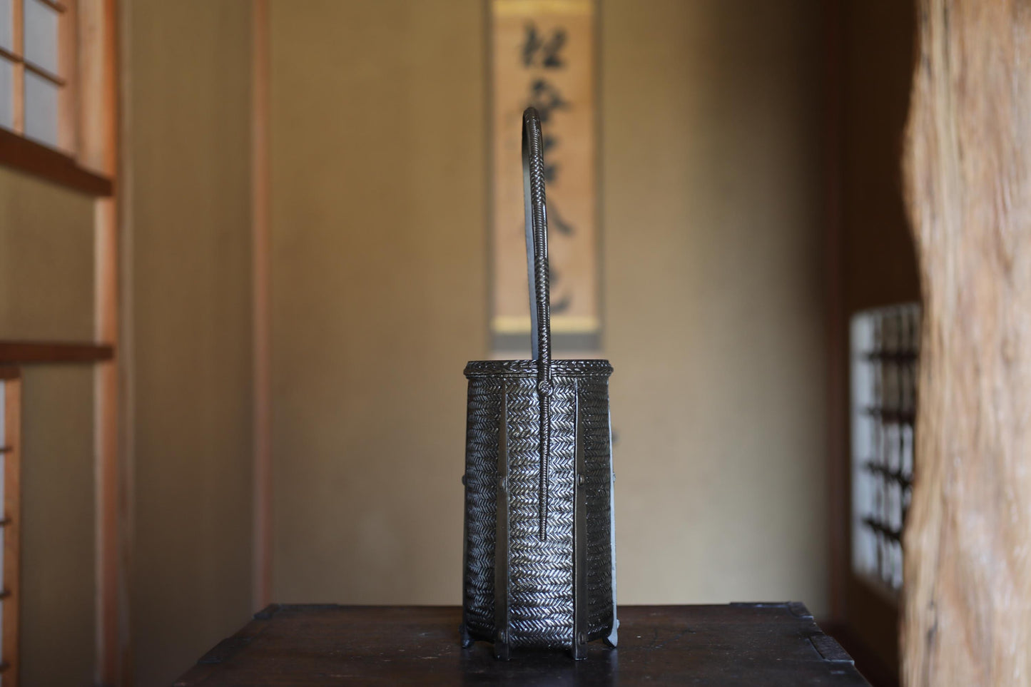 Japanese antique bronze Ornament vase shaped as bamboo basket 高岡Takaoka copper ware ikebana utensil Tea ceremony, H16.5in/H42cm