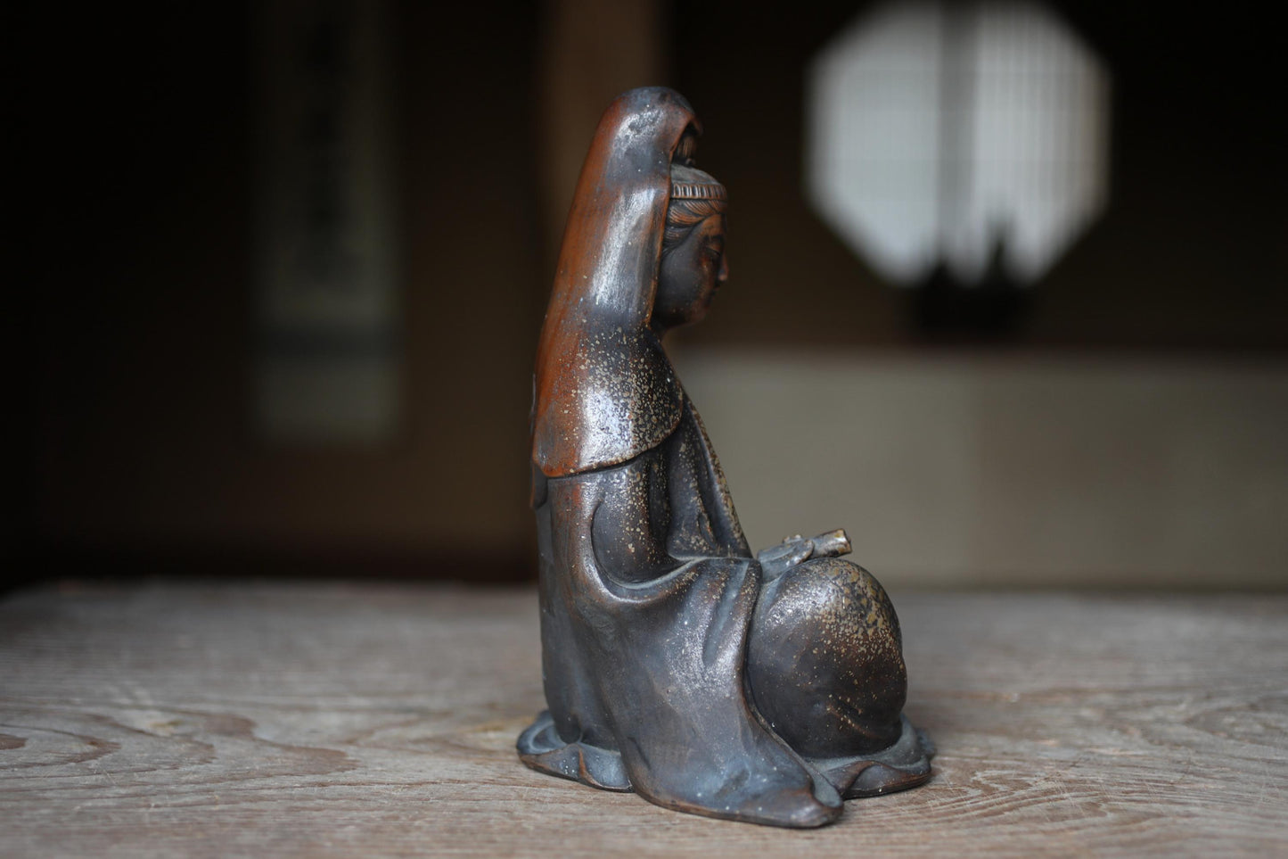 FINE! Japanese antique 1800s kannnon statue BIZEN ceramic doll Figurine of Buddhist statue 観音 Avalokiteśvara bizen keln H9.4in/24cm
