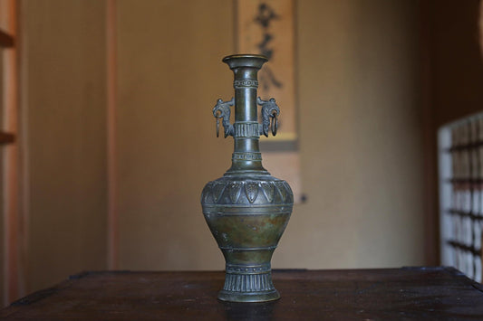 FINE! Japanese vintage 1960s Bronze flower vase for tea ceremony brown marble with beautiful birds ears with 宗喜  sign H9.4×3.9in/H24×10cm
