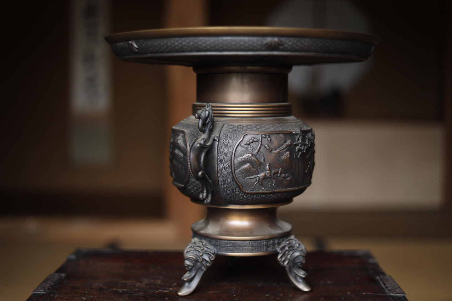FINE! Japanese vintage bronze SUIBAN art flower vase USUBATA lost wax art with landscape dragon Precise relief furniture Ikebana H13in/H33cm