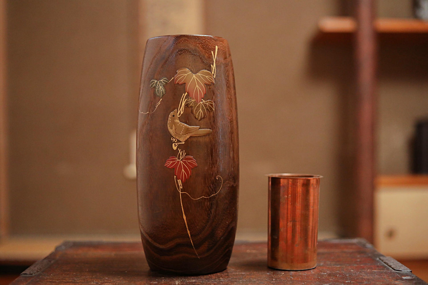 Japanese vintage Lacquer urushi art gold Makie flower vase made of wood with little bird and tree red leaves H11.6×4.7in/29.5cm×12cm