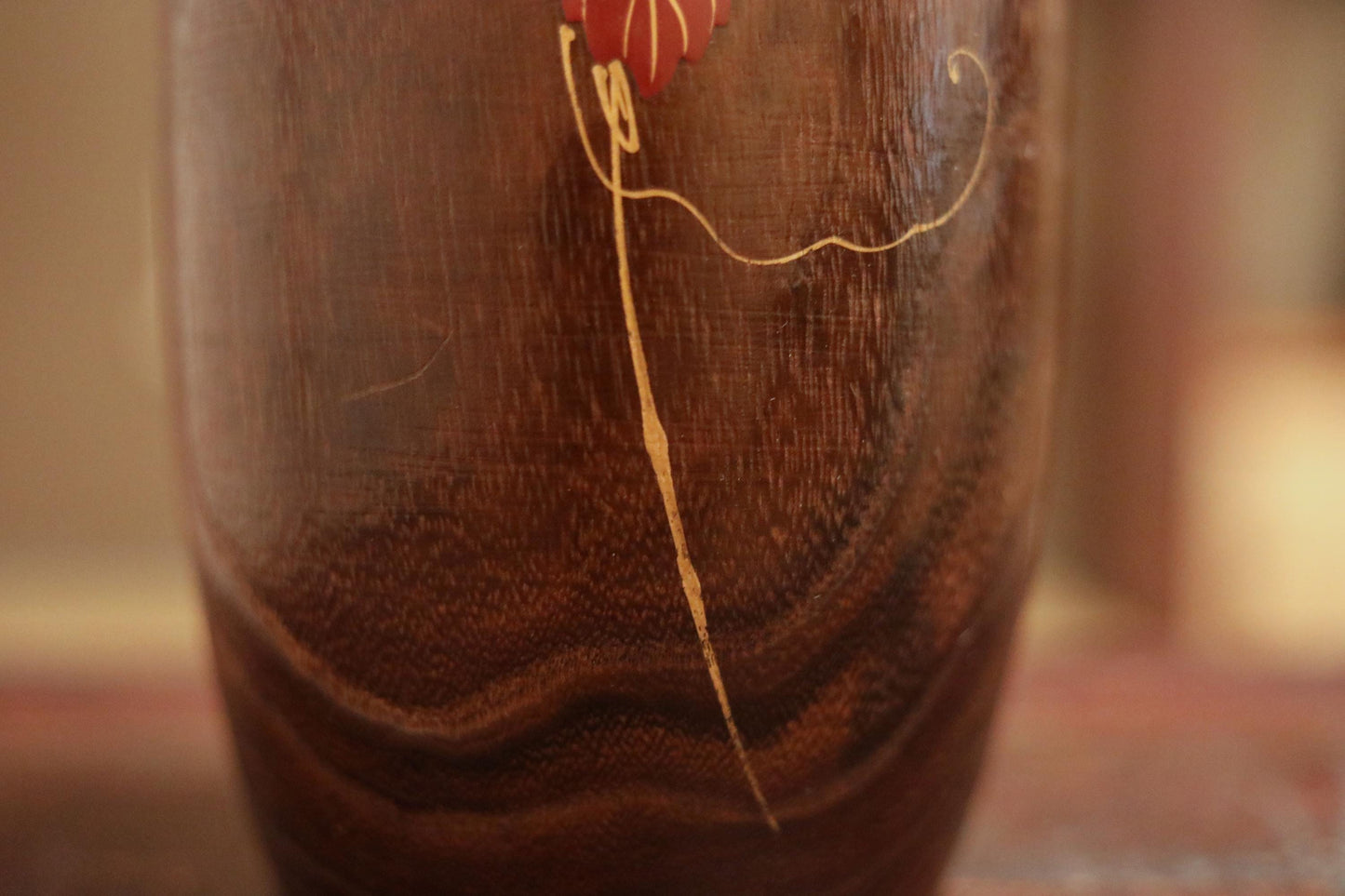 Japanese vintage Lacquer urushi art gold Makie flower vase made of wood with little bird and tree red leaves H11.6×4.7in/29.5cm×12cm