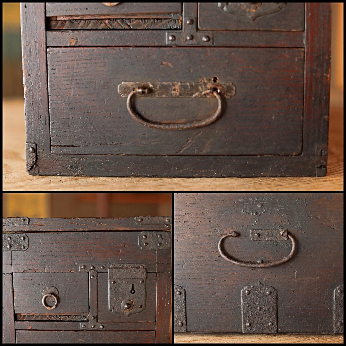 Japanese furniture Antique Box Chest of Drawers Tansu, INKSTONE case "SUZURIBAKO" metal clasp cedar Storage 1800s W8.5×D13.3in/W21.5×33.7cm