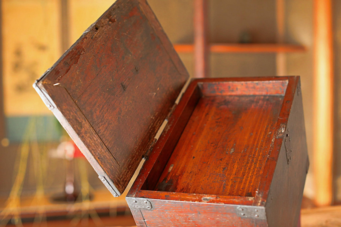 Japanese furniture Antique Box Chest of Drawers Tansu, INKSTONE case "SUZURIBAKO" metal clasp cedar Storage 1800s W8.5×D13.3in/W21.5×33.7cm