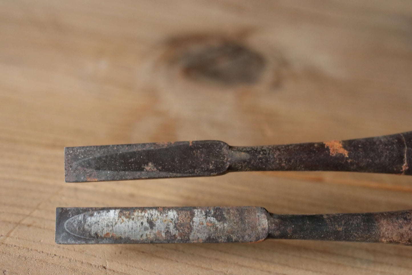 A pair of Japanese vintage carpenter's long narrow chisels 鑿 "Nomi", used Japanese craftsman's carving tool in 1900s 9.8×1in/25x1cm