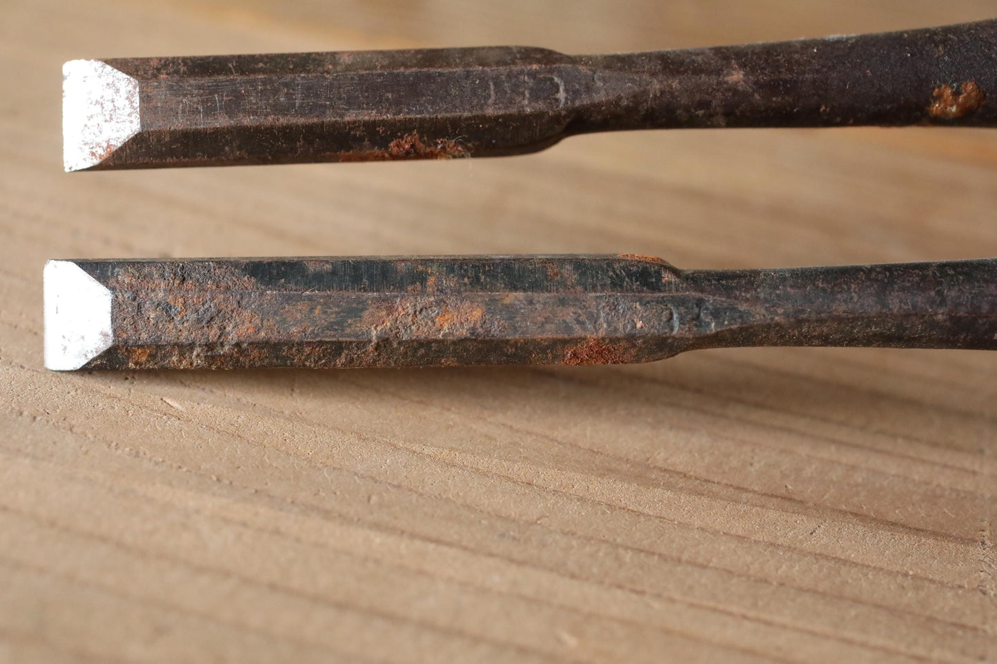 A pair of Japanese vintage carpenter's long narrow chisels 鑿 "Nomi", used Japanese craftsman's carving tool in 1900s 9.8×1in/25x1cm