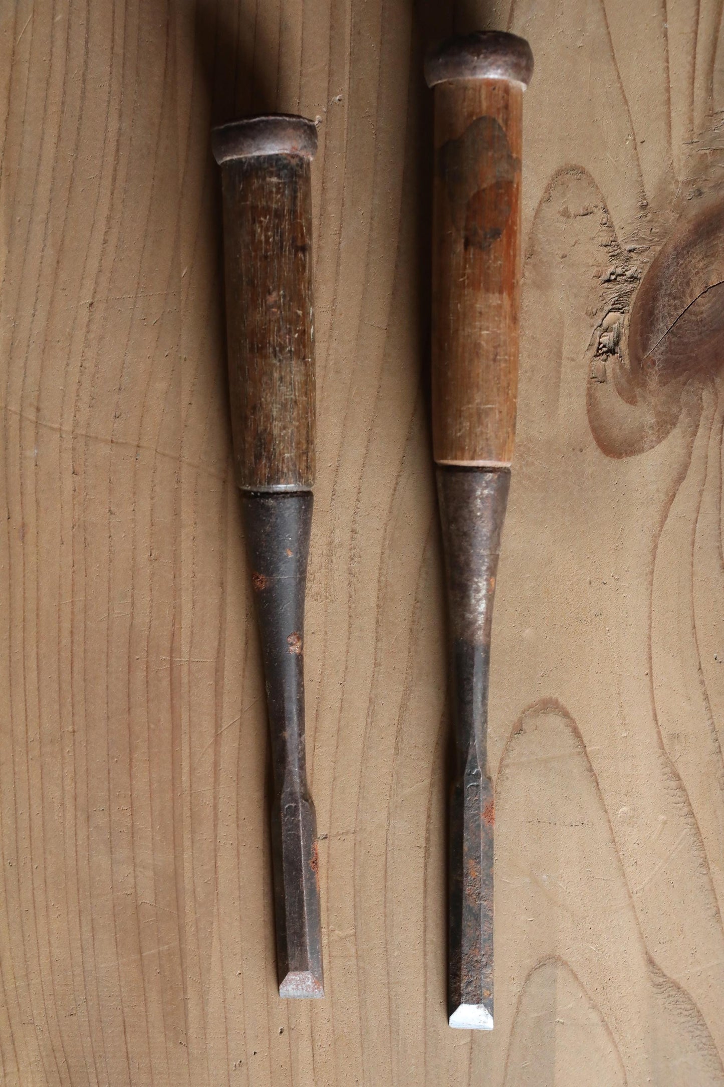 A pair of Japanese vintage carpenter's long narrow chisels 鑿 "Nomi", used Japanese craftsman's carving tool in 1900s 9.8×1in/25x1cm