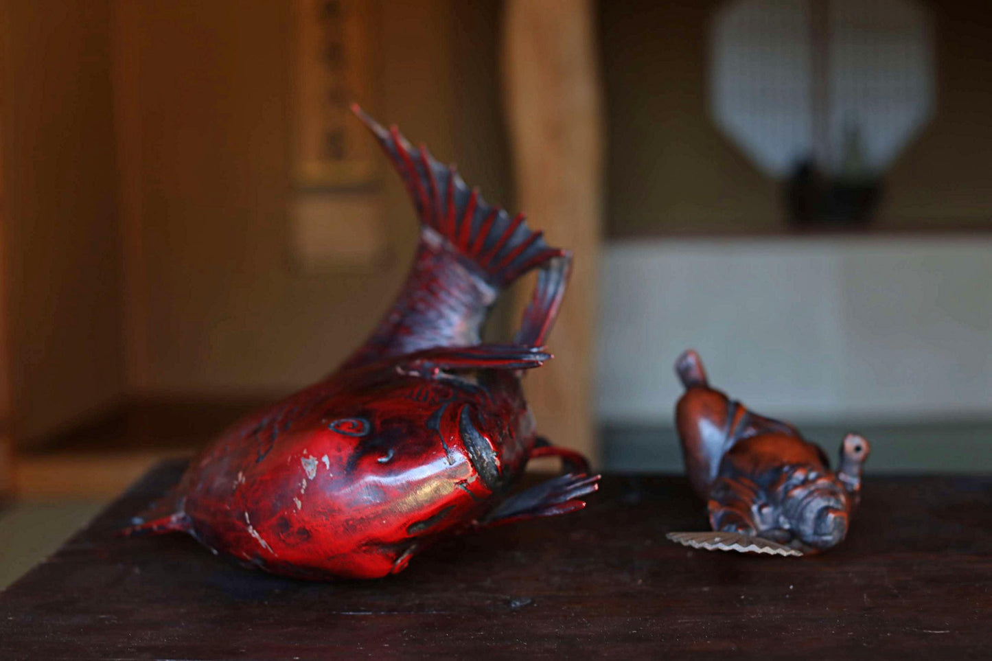 Large! Japanese vintage cast iron metal doll ornament TAI fish & god "Ebisu" with SENSU fish art H18.9in(H48cm)
