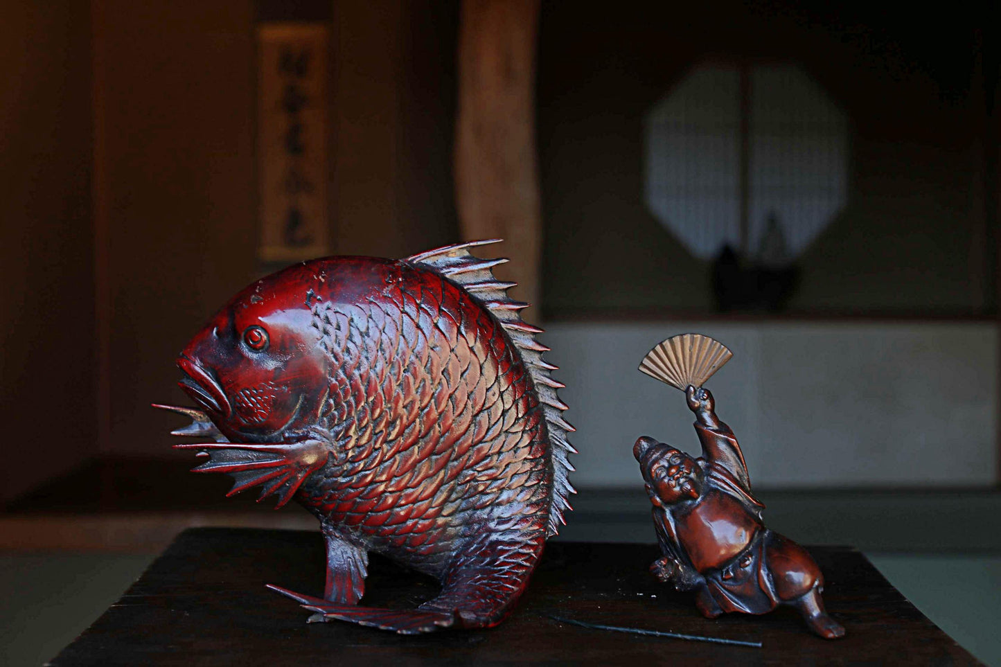 Large! Japanese vintage cast iron metal doll ornament TAI fish & god "Ebisu" with SENSU fish art H18.9in(H48cm)