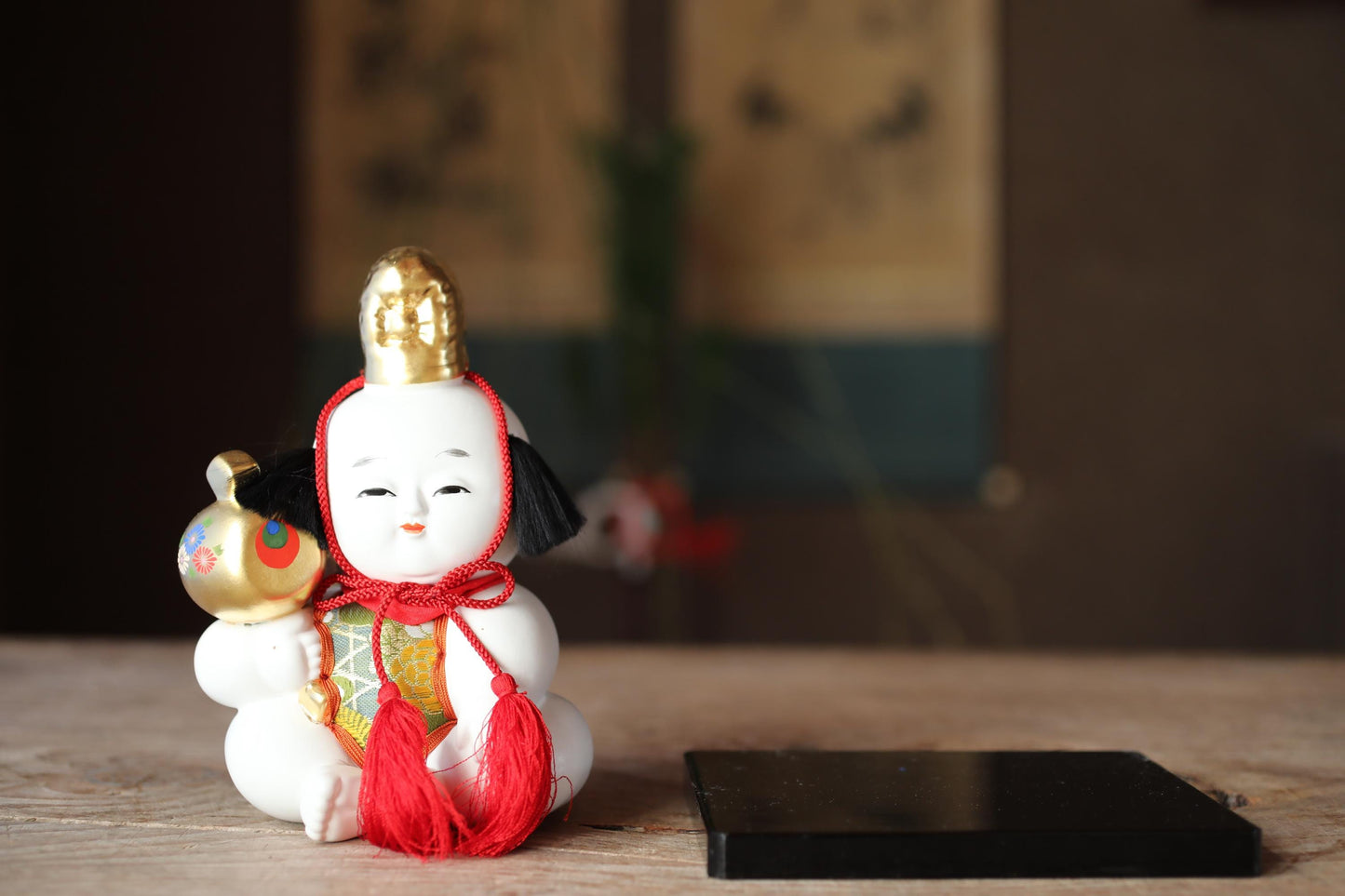 Japanese vintage small Children Doll with golden hammer made of pottery with pedestal H6.7×5.1in/H17×13cm