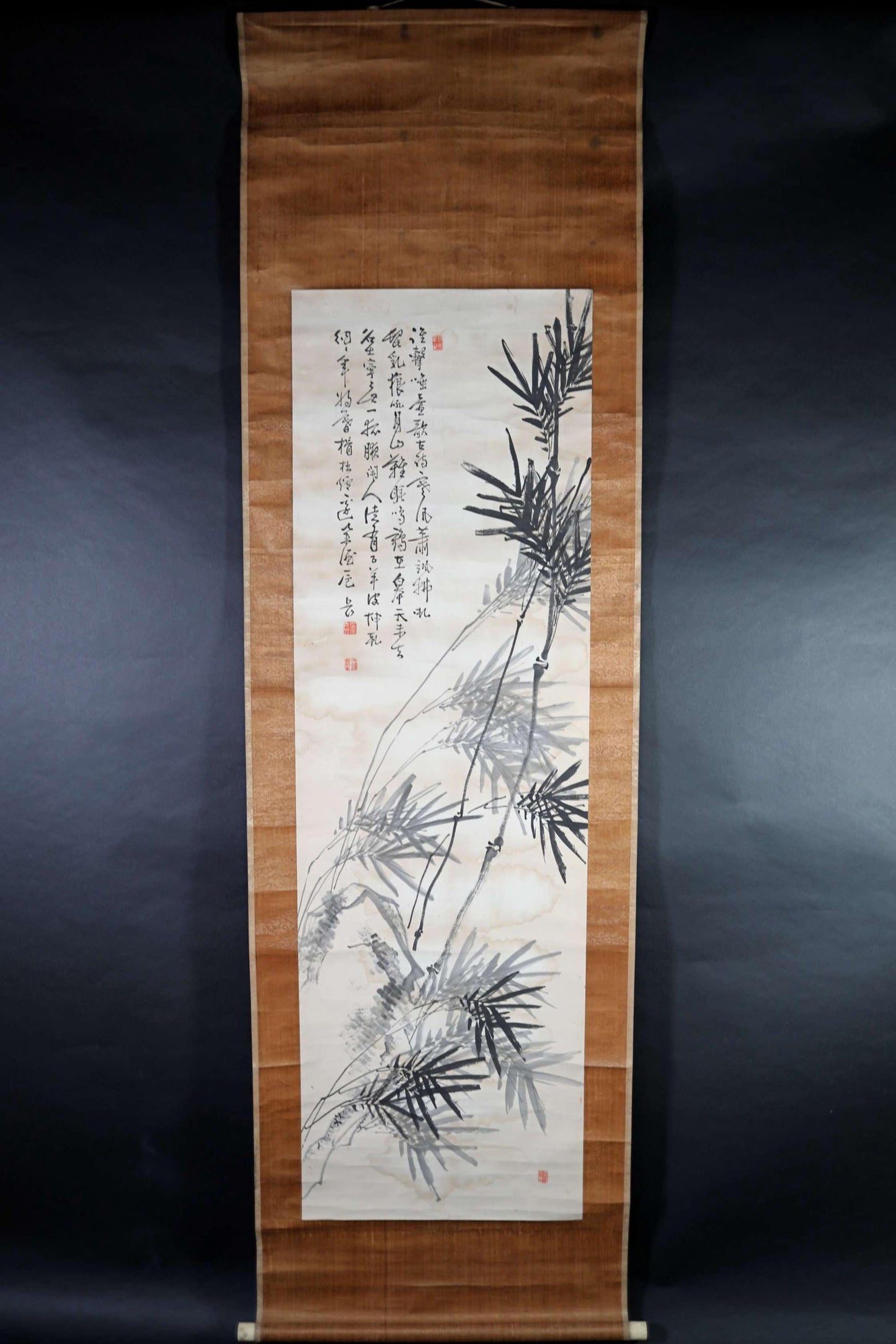 Japanese antique hanging scroll of brush painting and calligraphy, ink painting of bamboo with signature 1800s H81.1×23.6in / 206x60cm