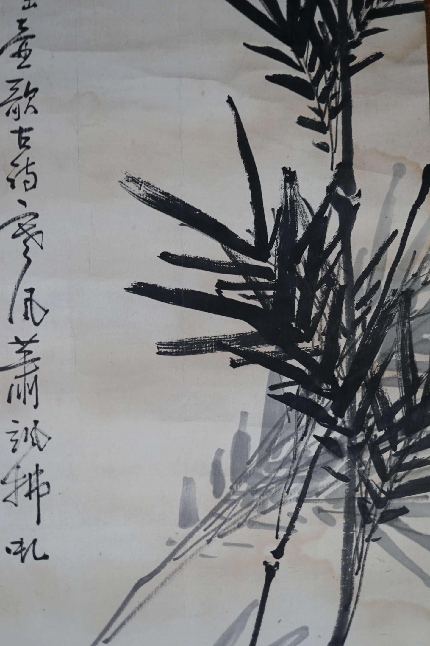 Japanese antique hanging scroll of brush painting and calligraphy, ink painting of bamboo with signature 1800s H81.1×23.6in / 206x60cm