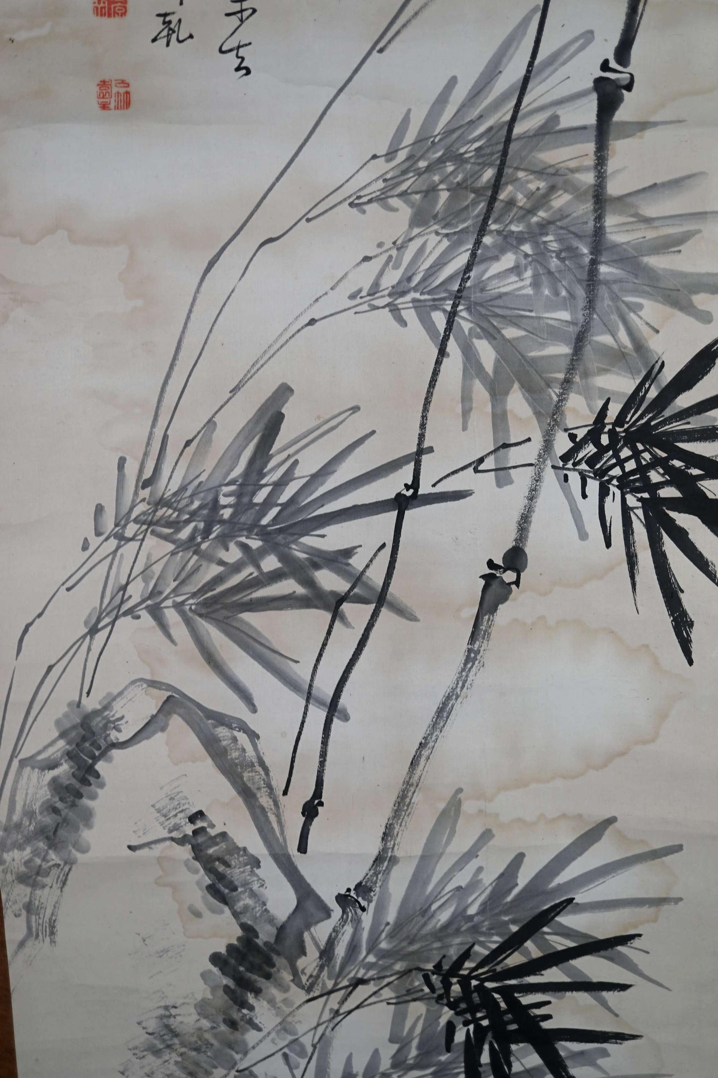Japanese antique hanging scroll of brush painting and calligraphy, ink painting of bamboo with signature 1800s H81.1×23.6in / 206x60cm