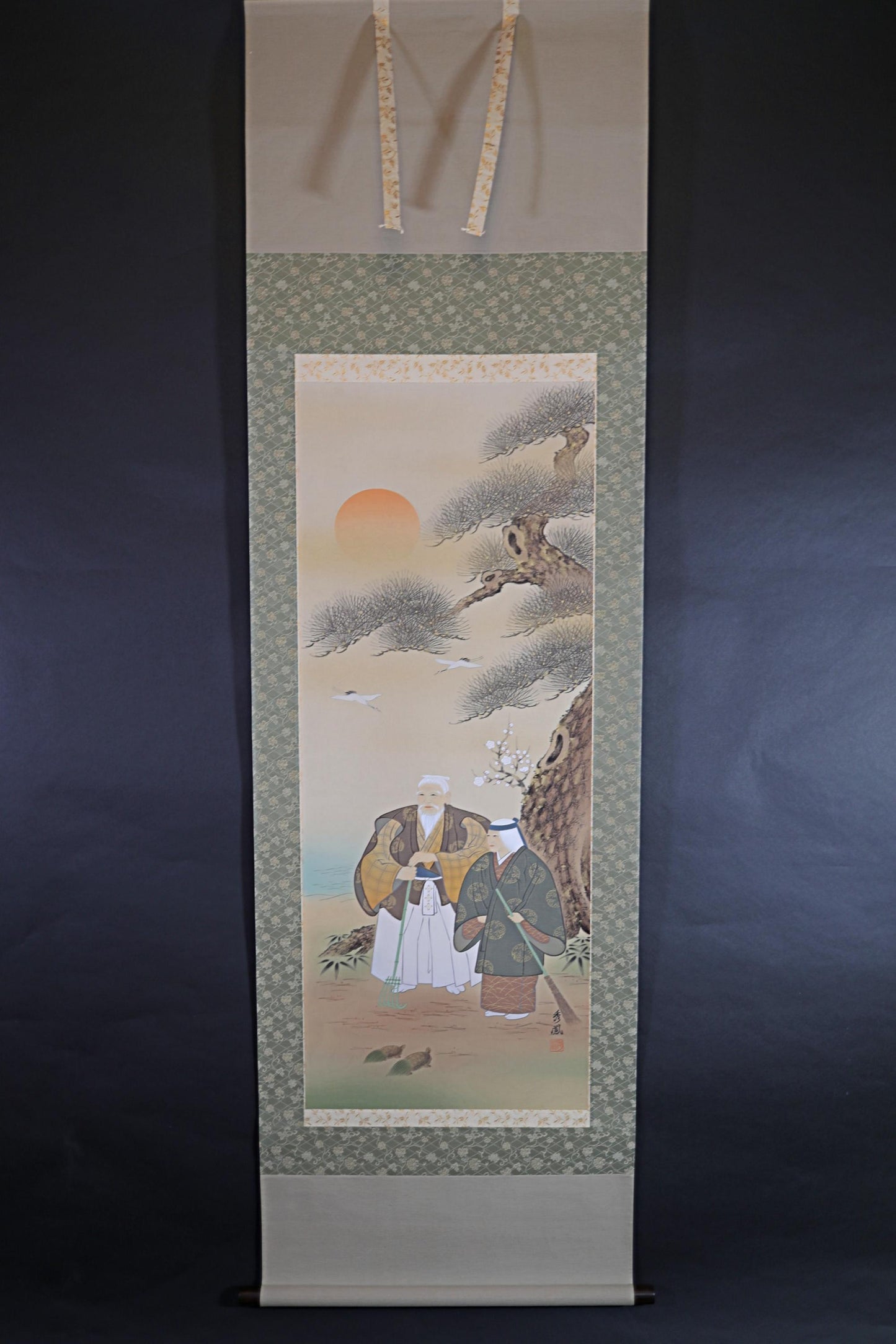 Japanese antique watercolor painting scroll for "高砂 Takasago" old couple , KAKEJIKU with BOX 1970s Kanji signature H71.7×21.1in
