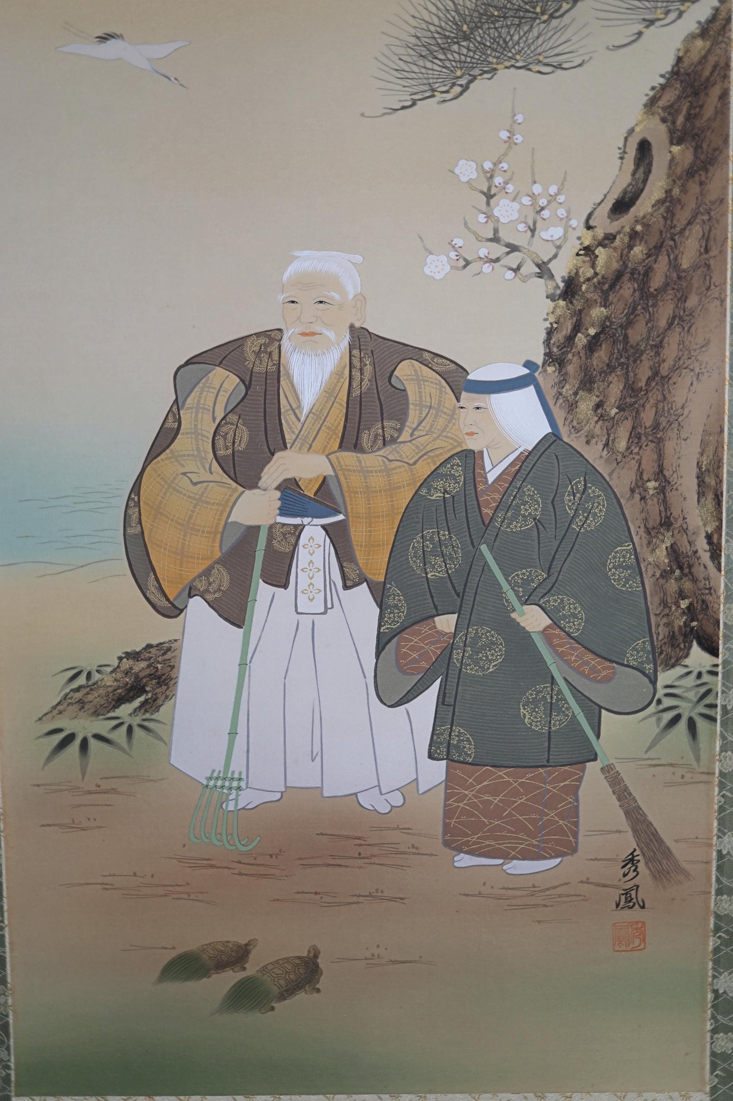 Japanese antique watercolor painting scroll for "高砂 Takasago" old couple , KAKEJIKU with BOX 1970s Kanji signature H71.7×21.1in