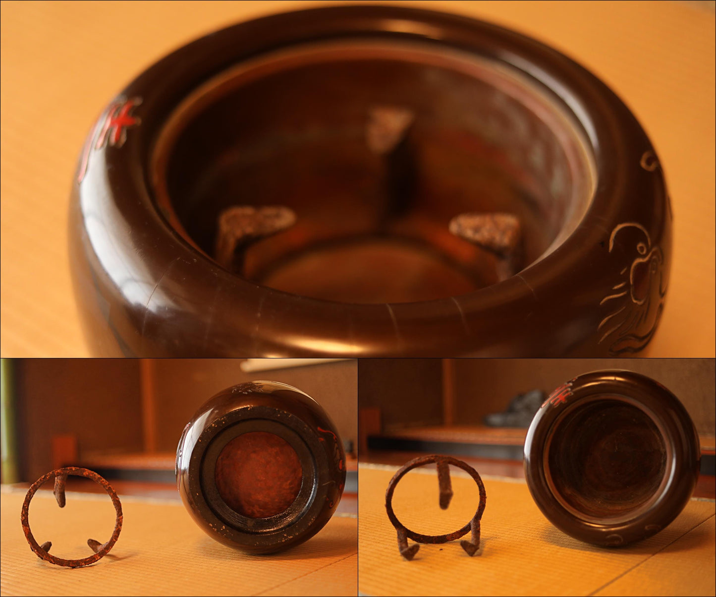 Japanese Antique wooden Hibachi brazier charcoal Fire Holder and kettle stand set with carving Kanji 寿 congratulations dark brown D11.4in