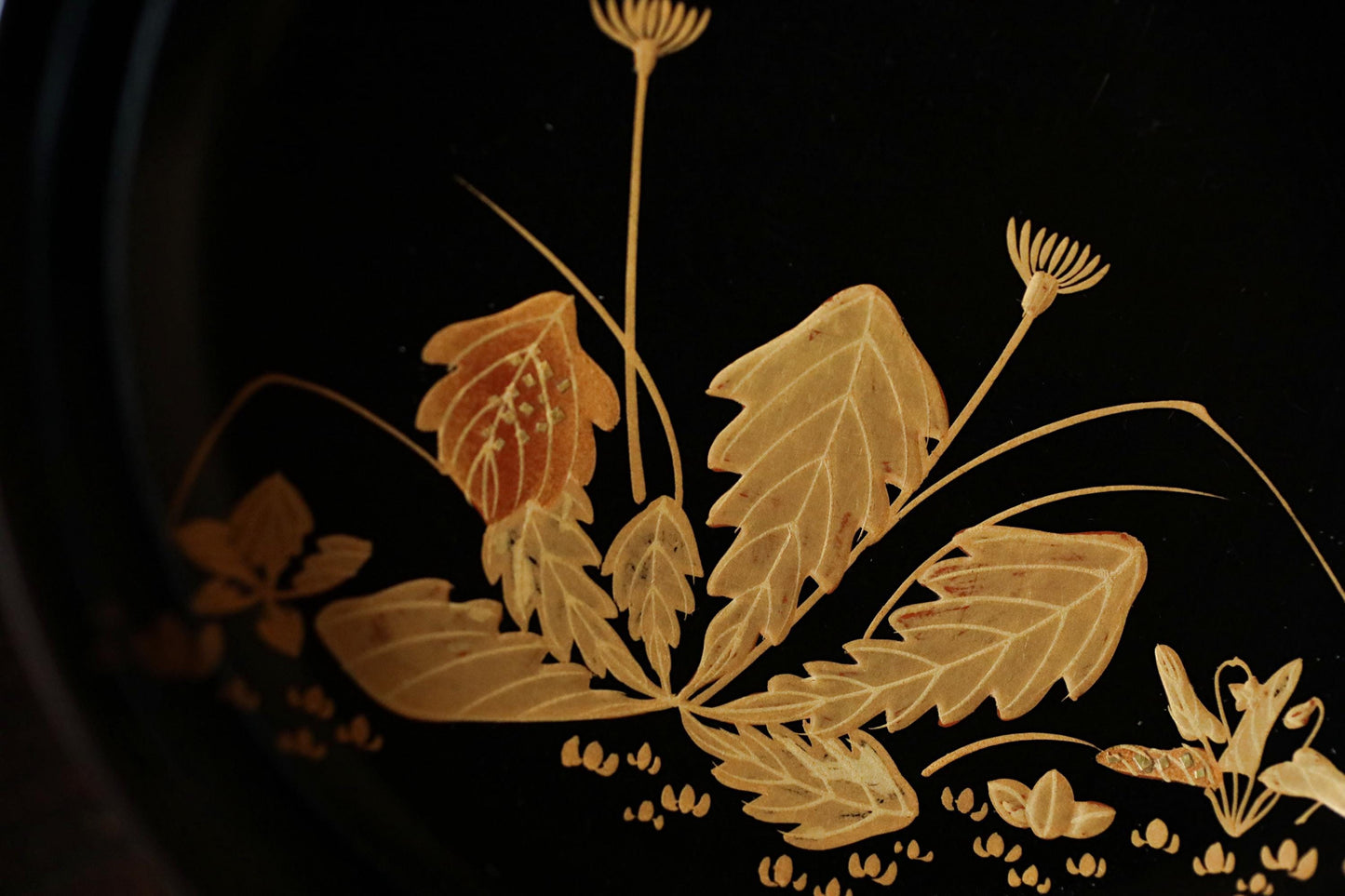 Japanese antique MAKIE fine lacquer bowls set of 5 with painting of sparrow and plants, Owan miso cups black gold tableware W4.9in/12.5cm