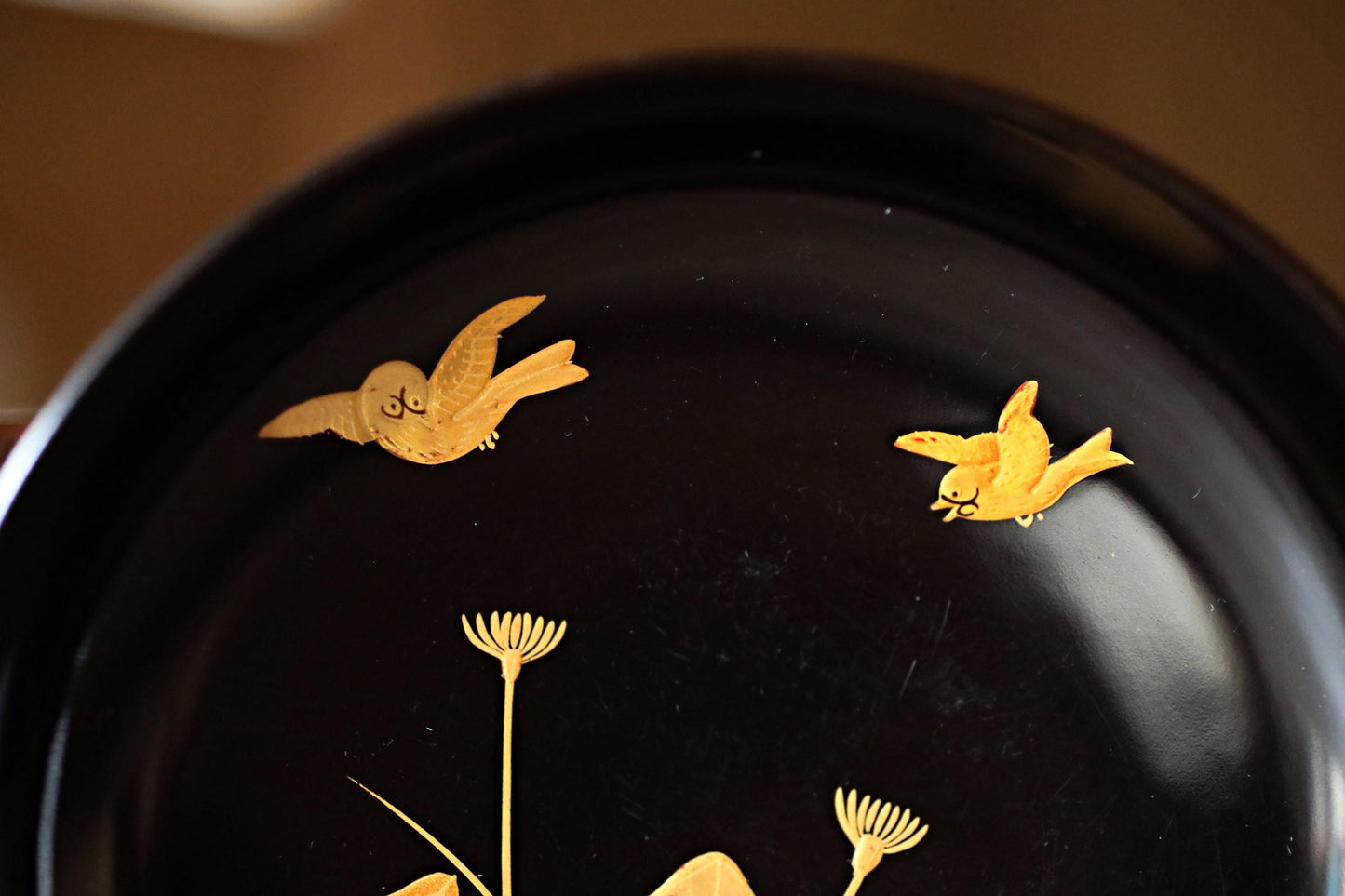 Japanese antique MAKIE fine lacquer bowls set of 5 with painting of sparrow and plants, Owan miso cups black gold tableware W4.9in/12.5cm