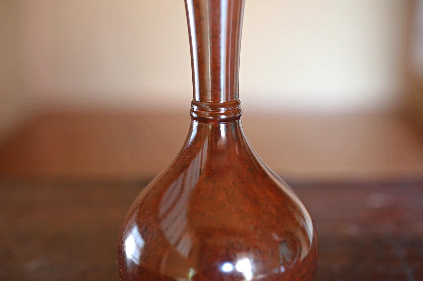 Japanese vintage bronze vase brown 鶴首TSURUKUBI gourd shaped reddish brown marbled, with box for Tea ceremony TAKAOKA For GIFT H8.5in/H21.5cm