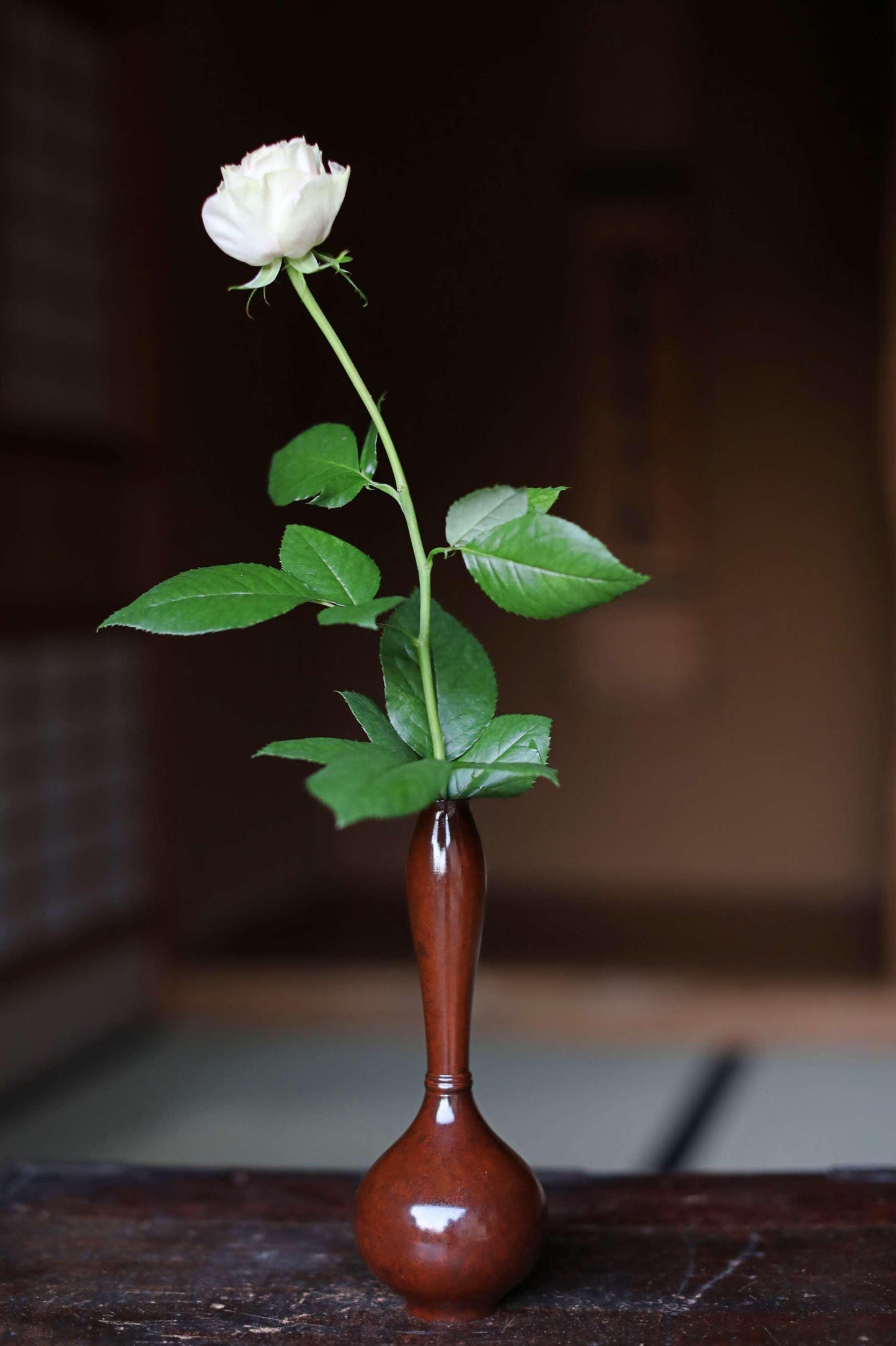 Japanese vintage bronze vase brown 鶴首TSURUKUBI gourd shaped reddish brown marbled, with box for Tea ceremony TAKAOKA For GIFT H8.5in/H21.5cm