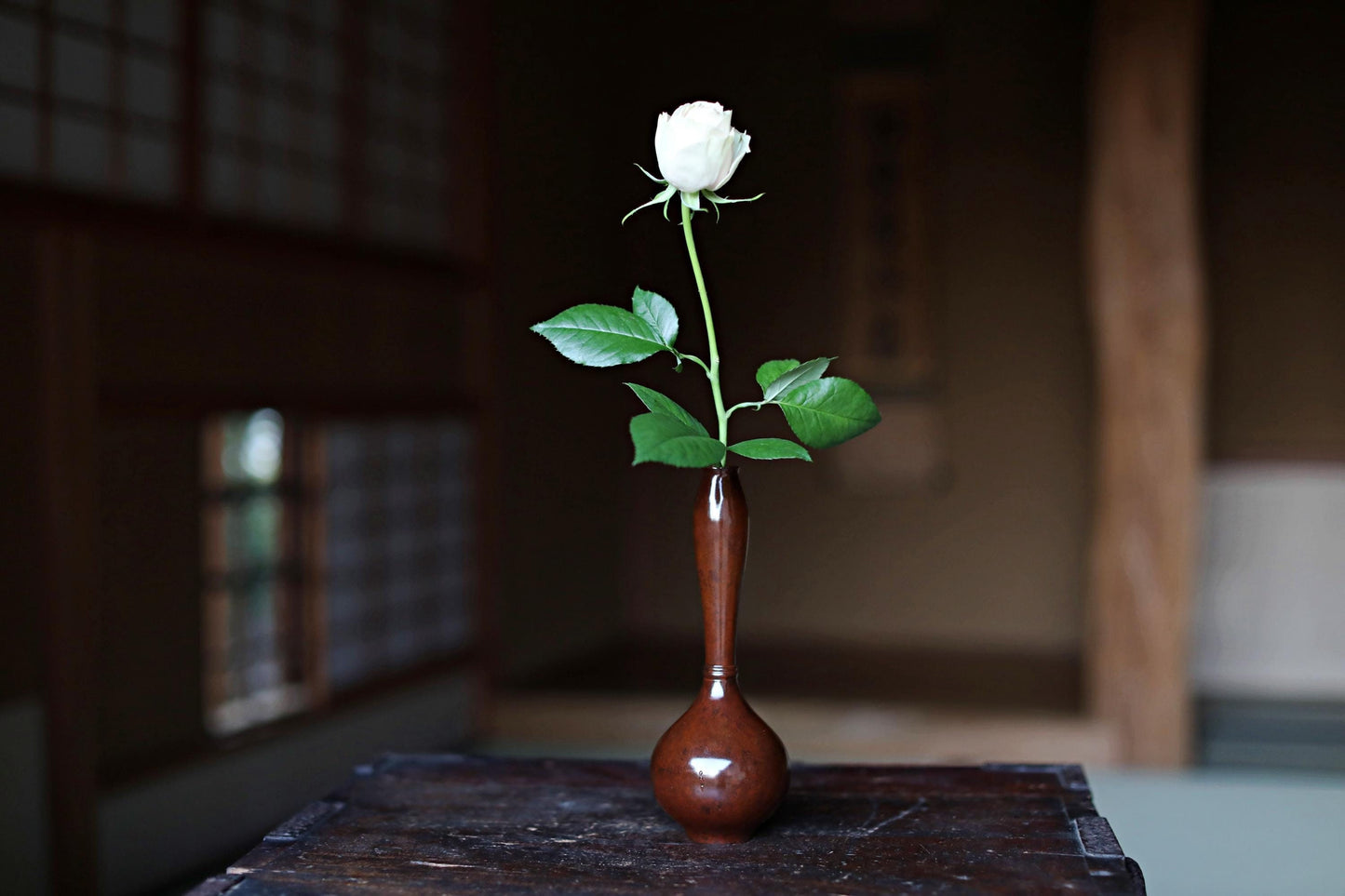 Japanese vintage bronze vase brown 鶴首TSURUKUBI gourd shaped reddish brown marbled, with box for Tea ceremony TAKAOKA For GIFT H8.5in/H21.5cm