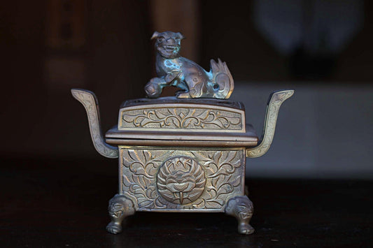 Large Gold brass Censer Koro Japanese antique incense burner from Buddhist temple Oriental Sacred animal Shishi lion 1900s H7in/17.8cm