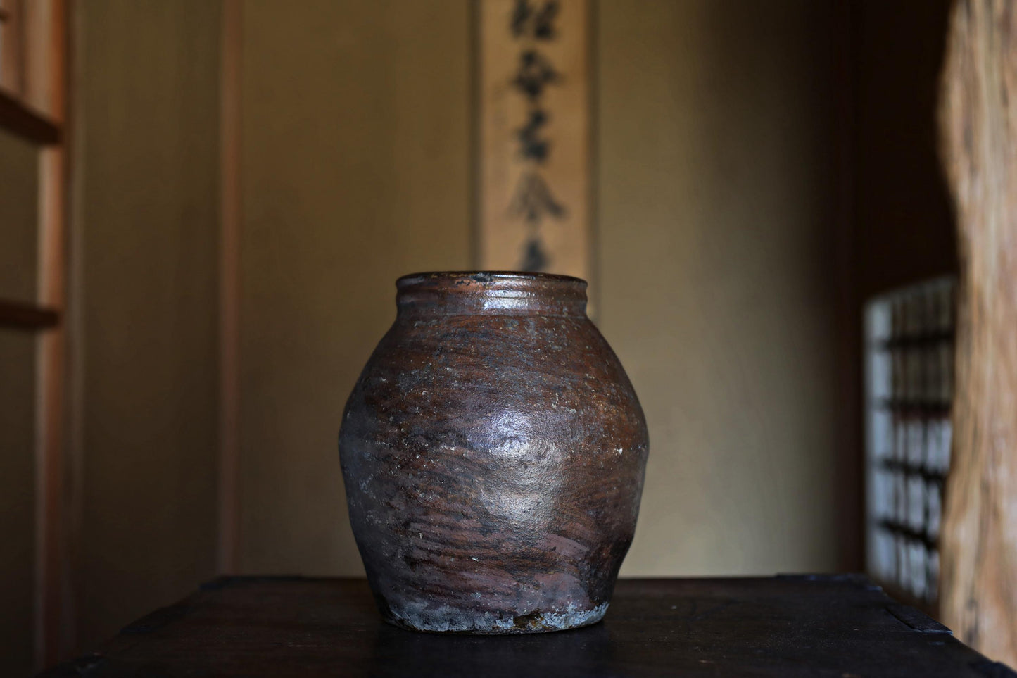 Japanese antique 1700s BIZEN old hand made ceramic jar flower vase for tea ceremony Ikebana Wabi Sabi H8.3×7.3in/H21×18.5cm