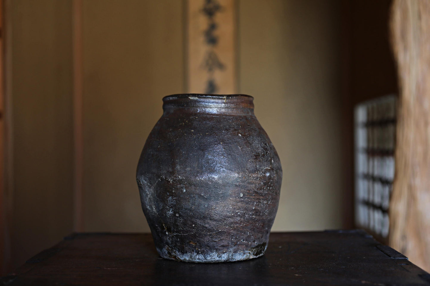 Japanese antique 1700s BIZEN old hand made ceramic jar flower vase for tea ceremony Ikebana Wabi Sabi H8.3×7.3in/H21×18.5cm