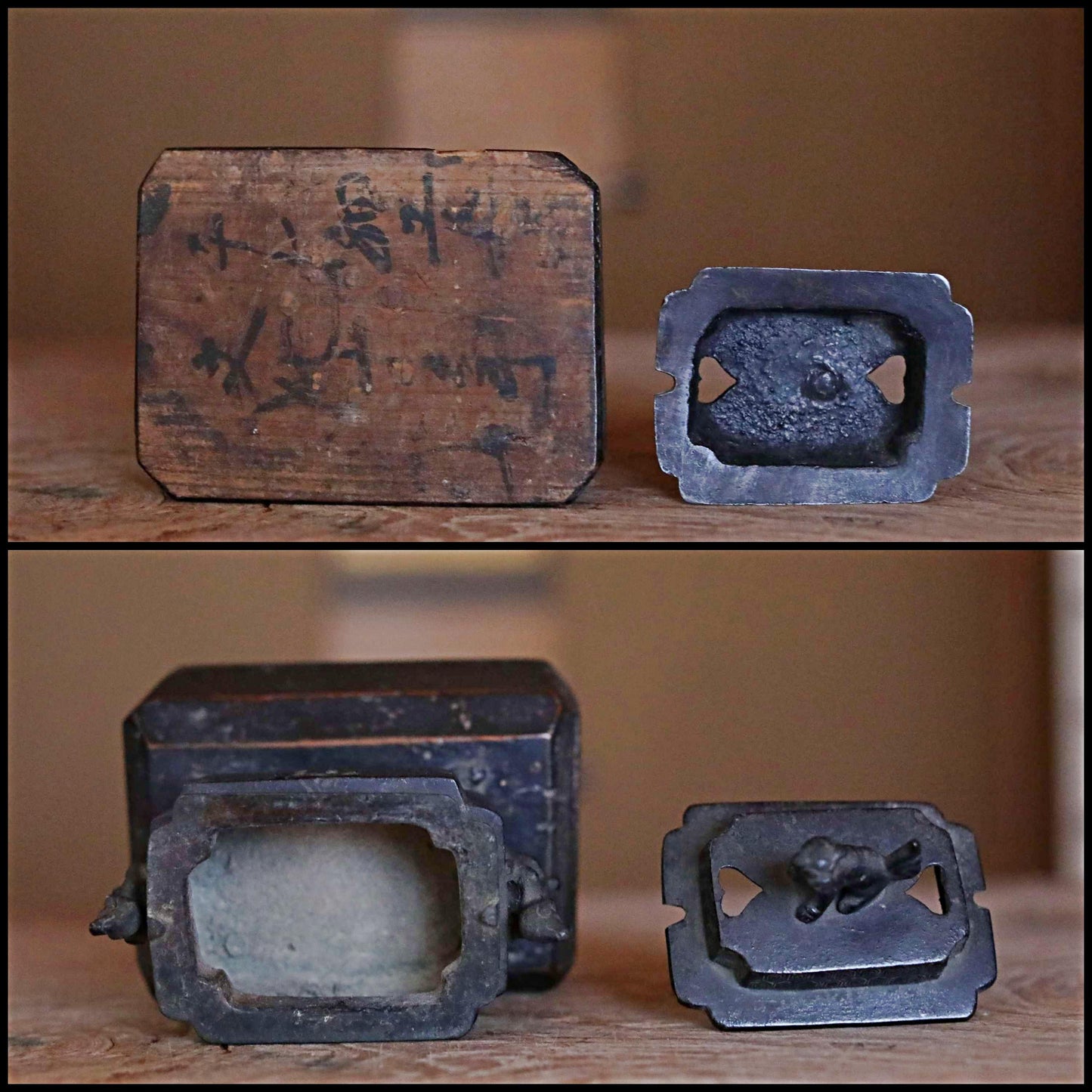 FINE! 1820s Japanese antique Bronze censer Koro shishi for repose of souls buddhist temple with box gecko lizard shogun Incense H6.3in/H16cm
