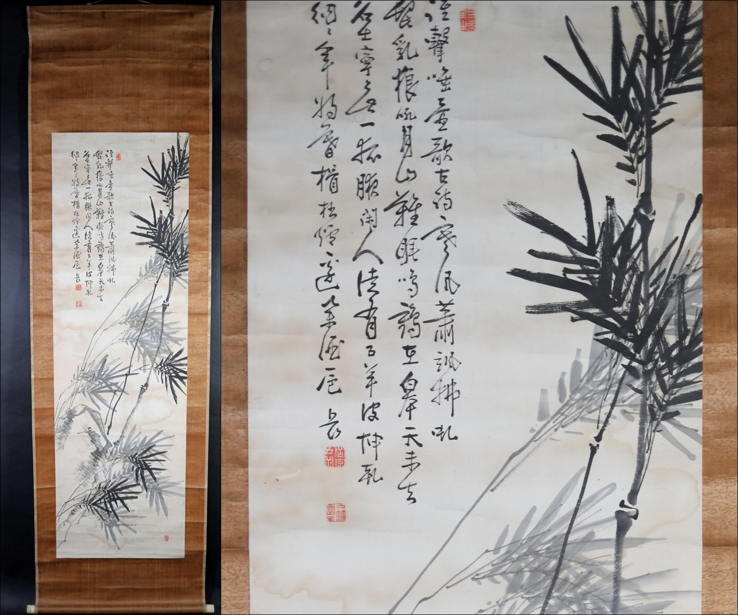 Japanese antique hanging scroll of brush painting and calligraphy, ink painting of bamboo with signature 1800s H81.1×23.6in / 206x60cm