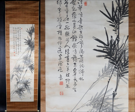 Japanese antique hanging scroll of brush painting and calligraphy, ink painting of bamboo with signature 1800s H81.1×23.6in / 206x60cm