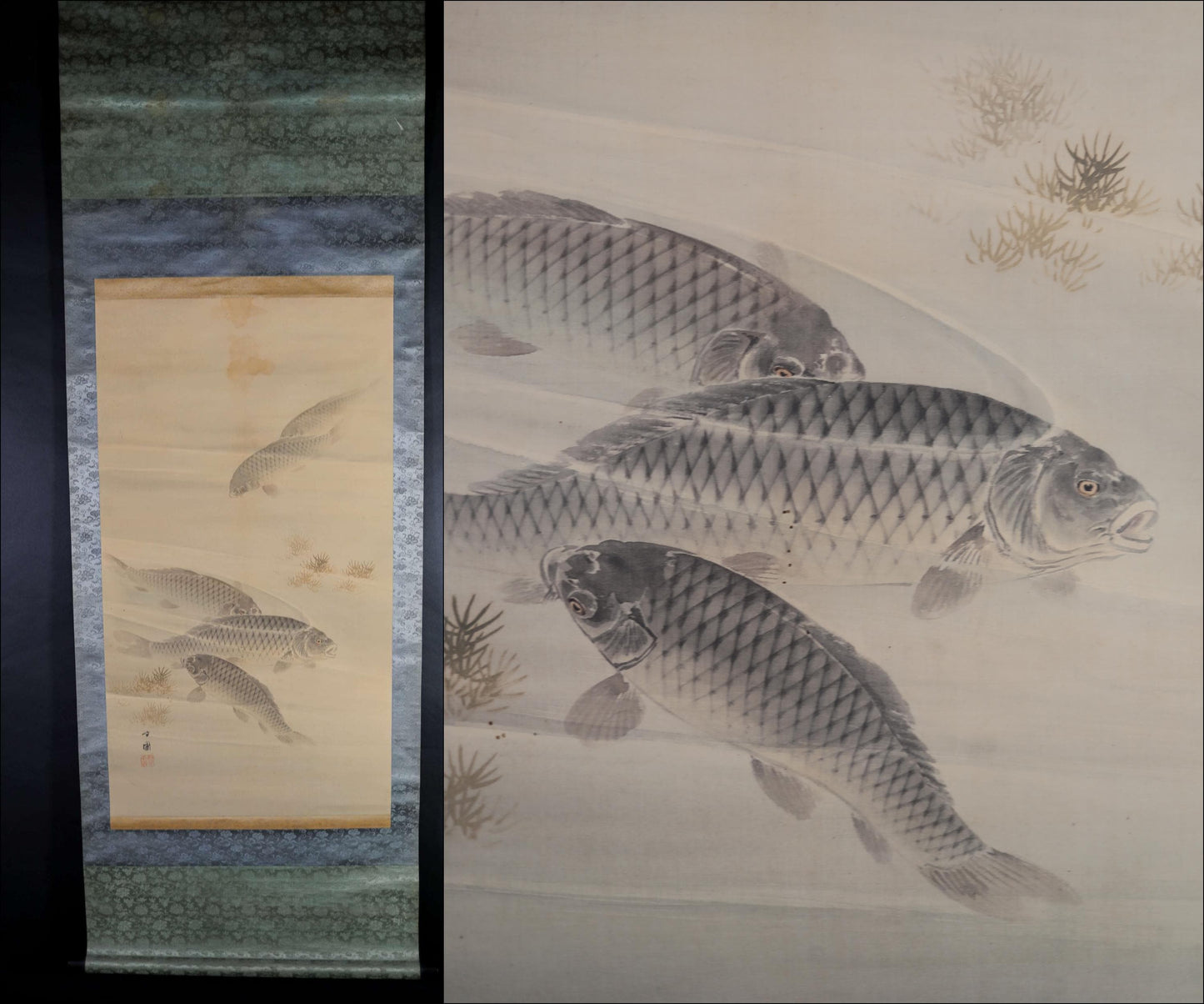 Japanese antique watercolor painting scroll fine painted carps KOI, KAKEJIKU with signature H67.7x24in / 172x61cm