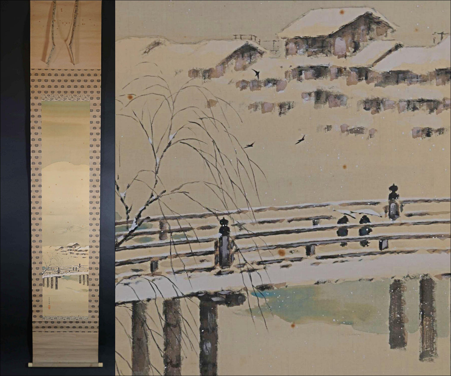 Japanese antique hanging scroll of water color painting, Kyoto Kamogawa in snow, with signature, early 1900s H78.3×14.6in / H199x37cm