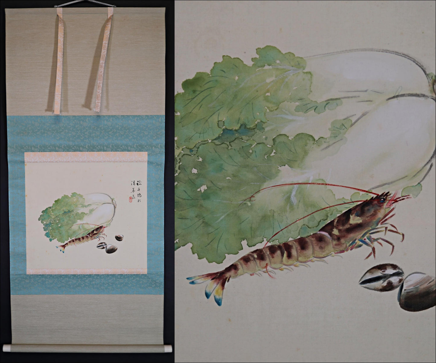 Japanese old watercolor painting scroll, seafood and vegetable ,early 19th hanging scroll Kakejiku with sign and BOX wall art H47.6in/121cm