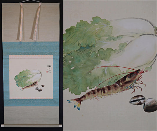 Japanese old watercolor painting scroll, seafood and vegetable ,early 19th hanging scroll Kakejiku with sign and BOX wall art H47.6in/121cm