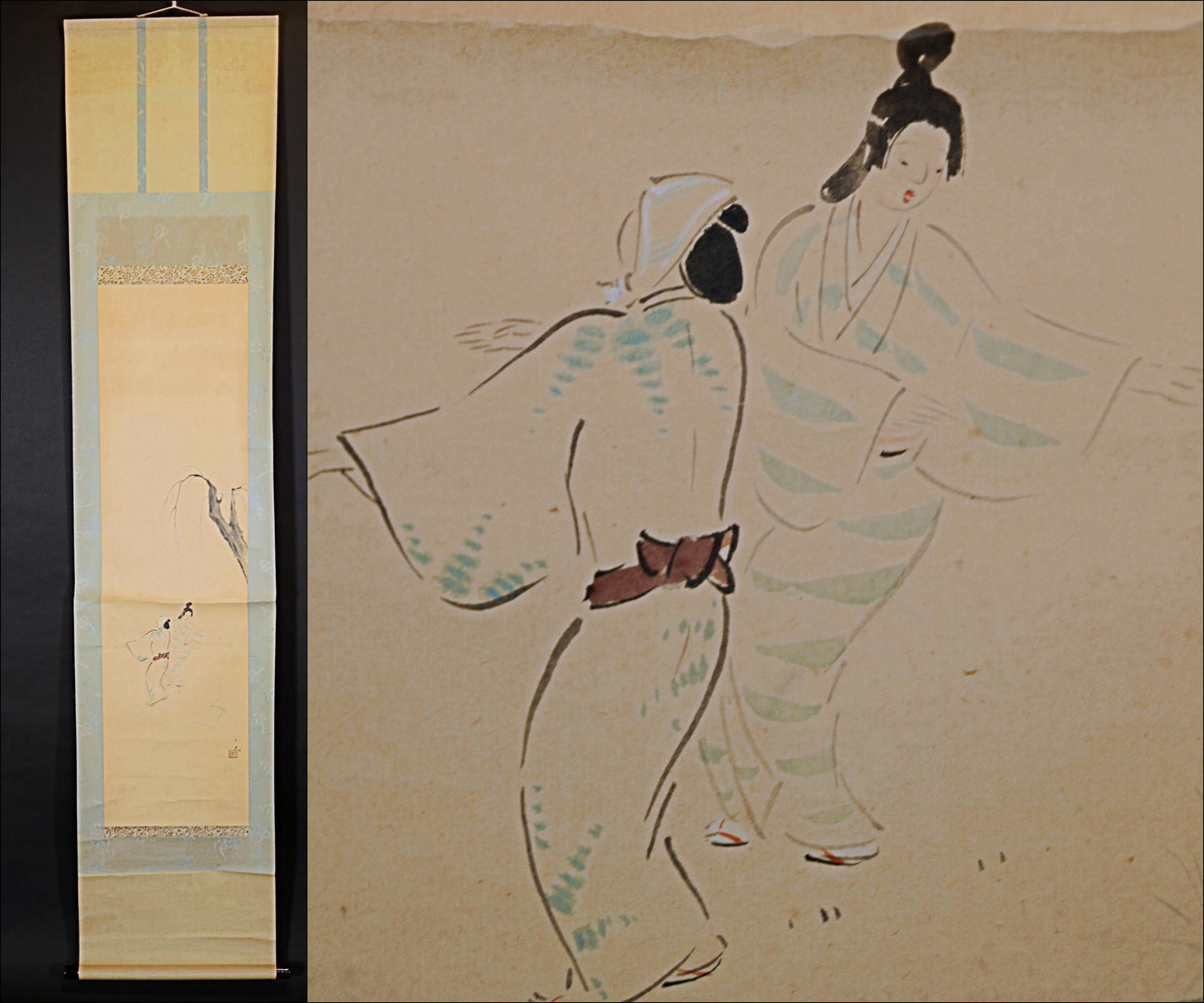 Japanese vintage painting scroll, willow tree Festival dance hand paint old hanging scroll KAKEJIKU with Kanji signature BOX H72.4in/H184cm
