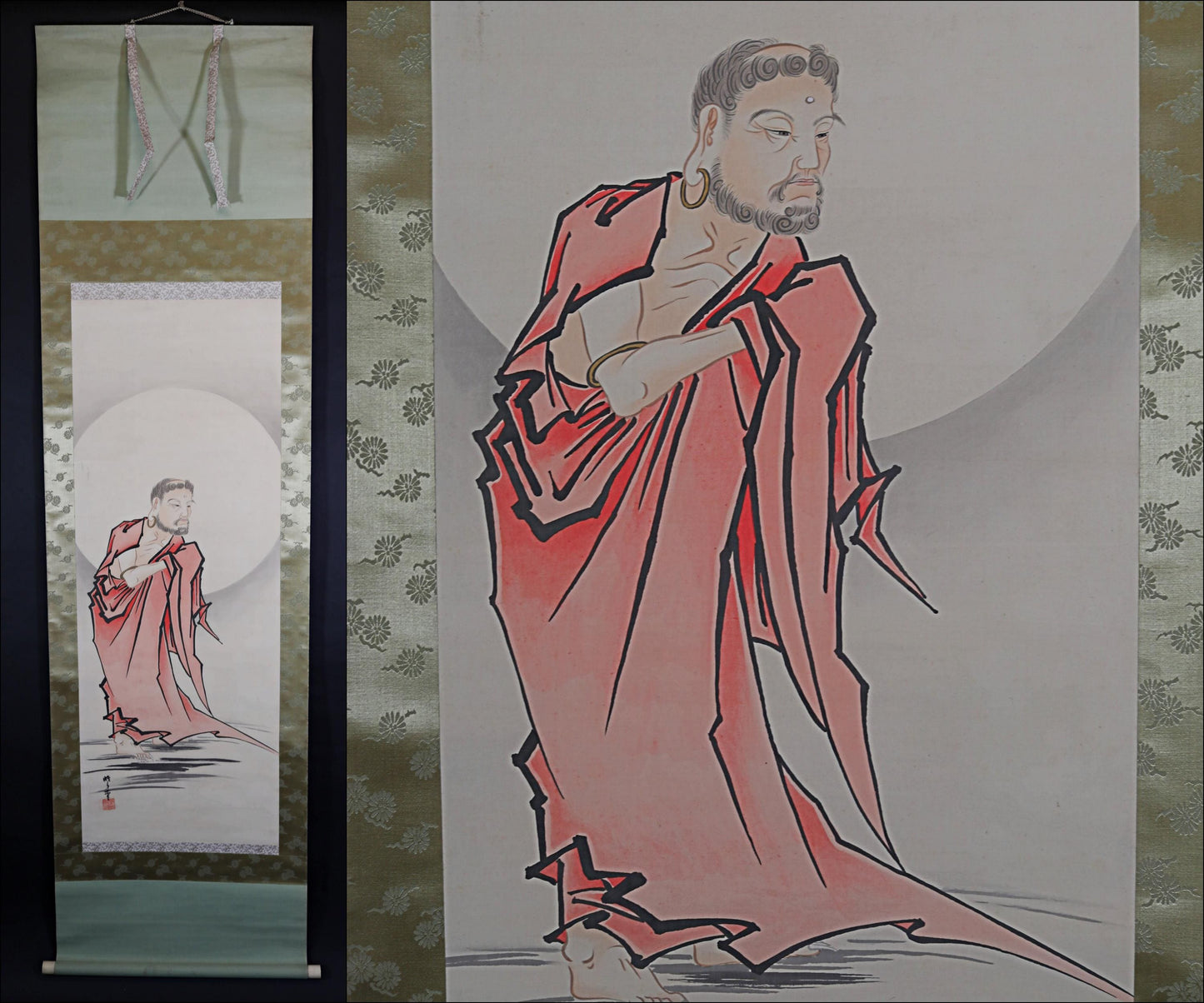 Japanese vintage hanging scroll,ZEN master Buddhist monk DARUMA hand painting with 暁月signature and seal, with box H75.6in/H192cm