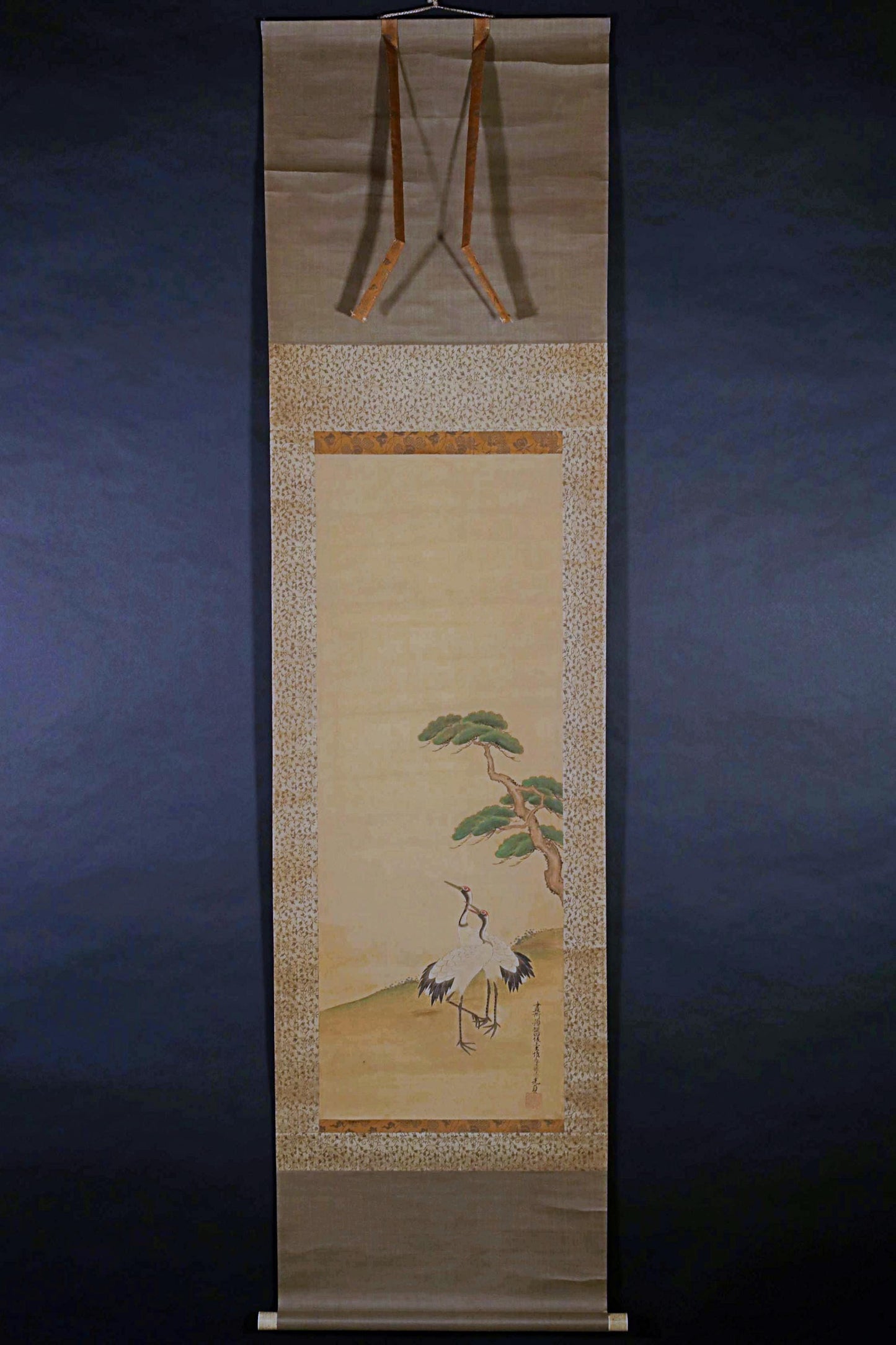 FINE! Japanese antique 1700s hanging scroll of water color painting by 藤原, a pair of cranes and pine tree with sign H68.5in/H174cm